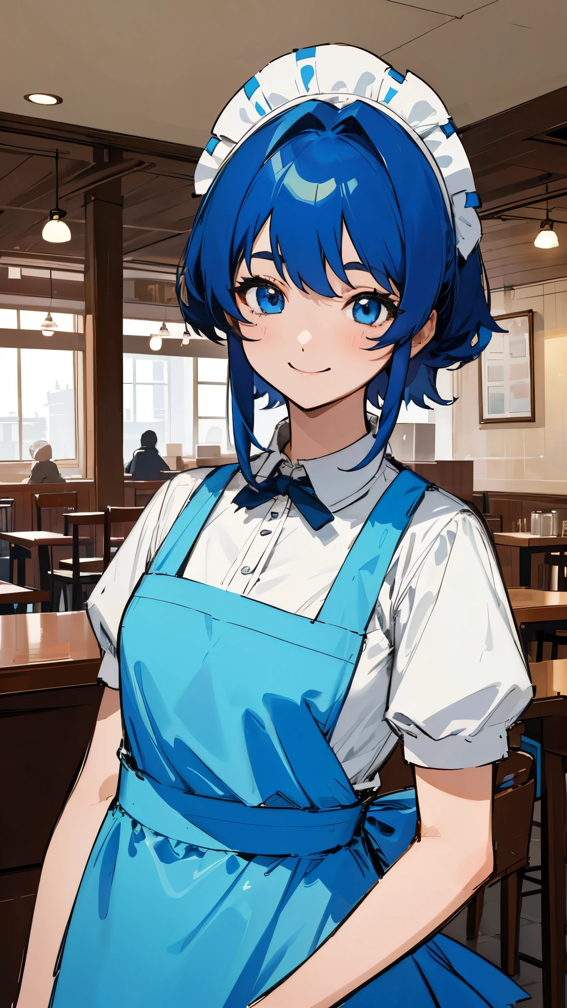 masterpiece、highest quality、High resolution、very detailed、detailed background、1 girl、white blouse、blue skirt、upper body up、dark blue hair、blue eyes、smile、Apron appearance、((indoor、morning、Cafe))、sharp outline