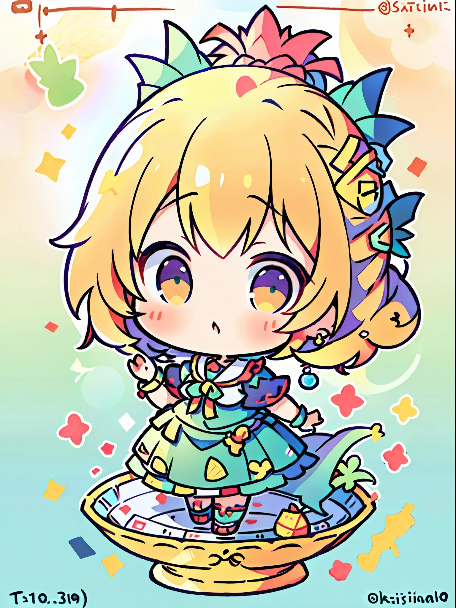 plastican00d, Chibi, (masutepiece),(Best Quality:1.0), (high resolution:1.0), detailed illustration, Portrait, detailed frilled clothes, Detailed beautiful skin, colored pencils style,Tarot Cards, full body Esbian, pineapple