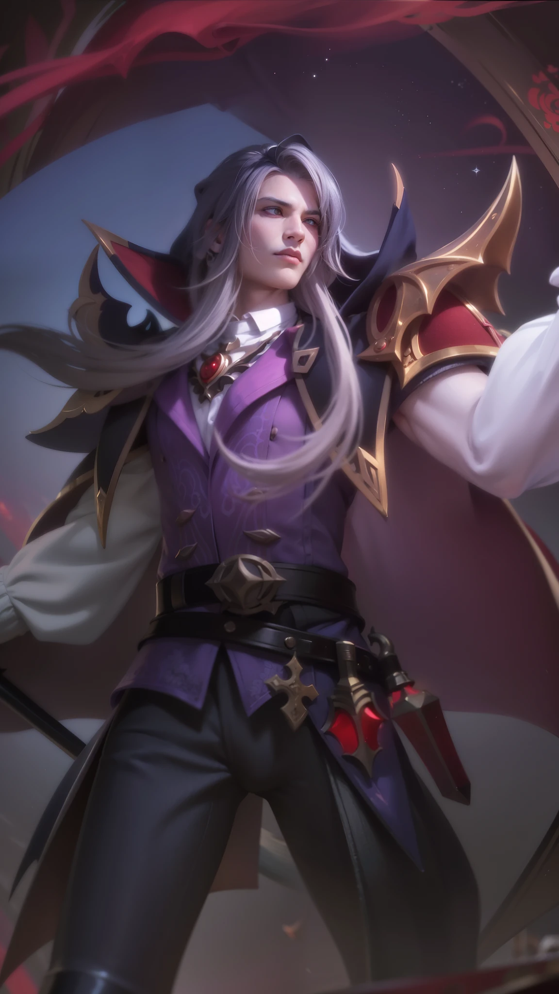 Best quality, masterpiece, detailed skin texture, detailed clothes texture, detailed face, super detail, 8k, intricate detail, 1 boy, The color doesn't change, Muscle guy, 1 guy, a close up of a person holding a sword in a dark room, heise jinyao, astri lohne, inspired by Huang Shen, male vampire of clan banu haqim, zhongli from genshin impact, alucard, casimir art, keqing from genshin impact, karthus from league of legends, skinny male fantasy alchemist, red eye.