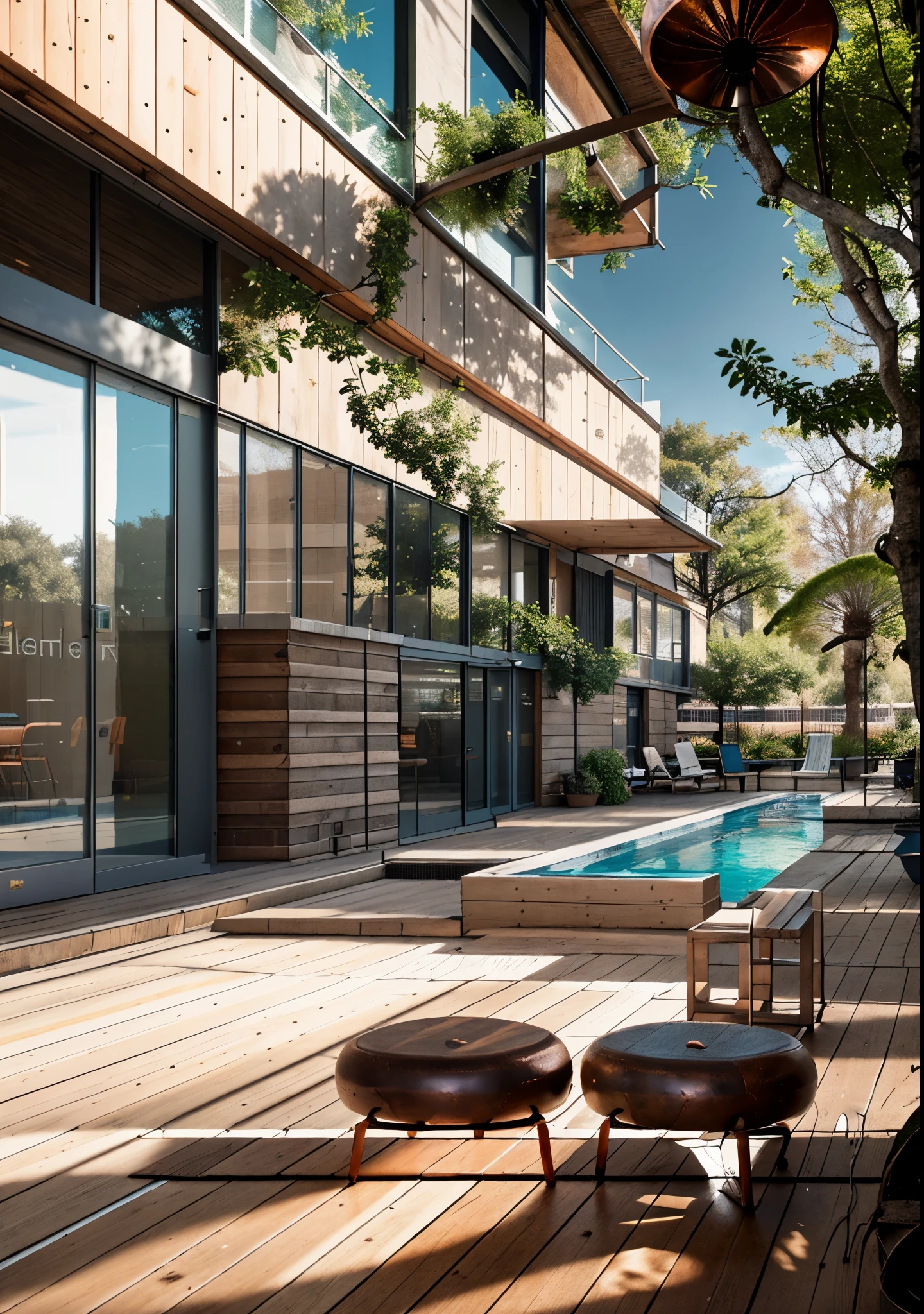 Photography，A corner of the city park，There are copper round stools and wooden platforms inside,soft light，pool，square floor lamp，light and shadow，light and dark，modern architectural techniques，master level，Photography level