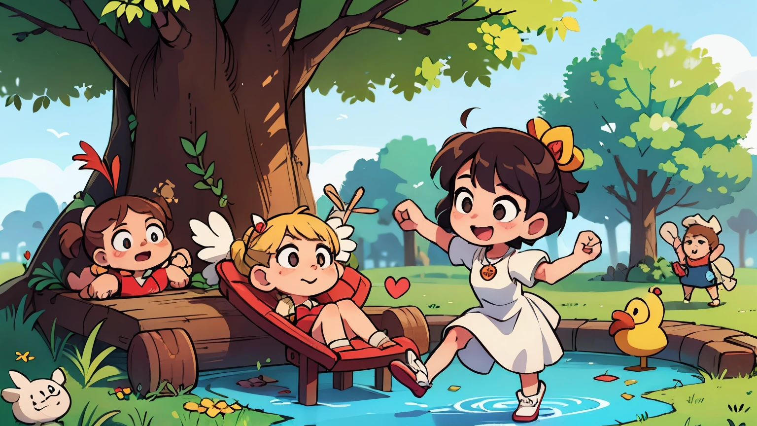 best quality, masterpiece, highres, 1girl,china wedding dress,hair ornament,necklace, jewelry,Create a vibrant and colorful illustration featuring a group of children playing in a lively park. The children should be engaged in various activities such as climbing a tree, playing on a slide, and having a picnic under a large, shady tree. The park should have a playground with swings and a sandbox, and there should be a small pond with ducks. The overall mood should be joyful and carefree, suitable for a children's book or a children's event, Photograph, high resolution, 4k, 8k, Bokeh