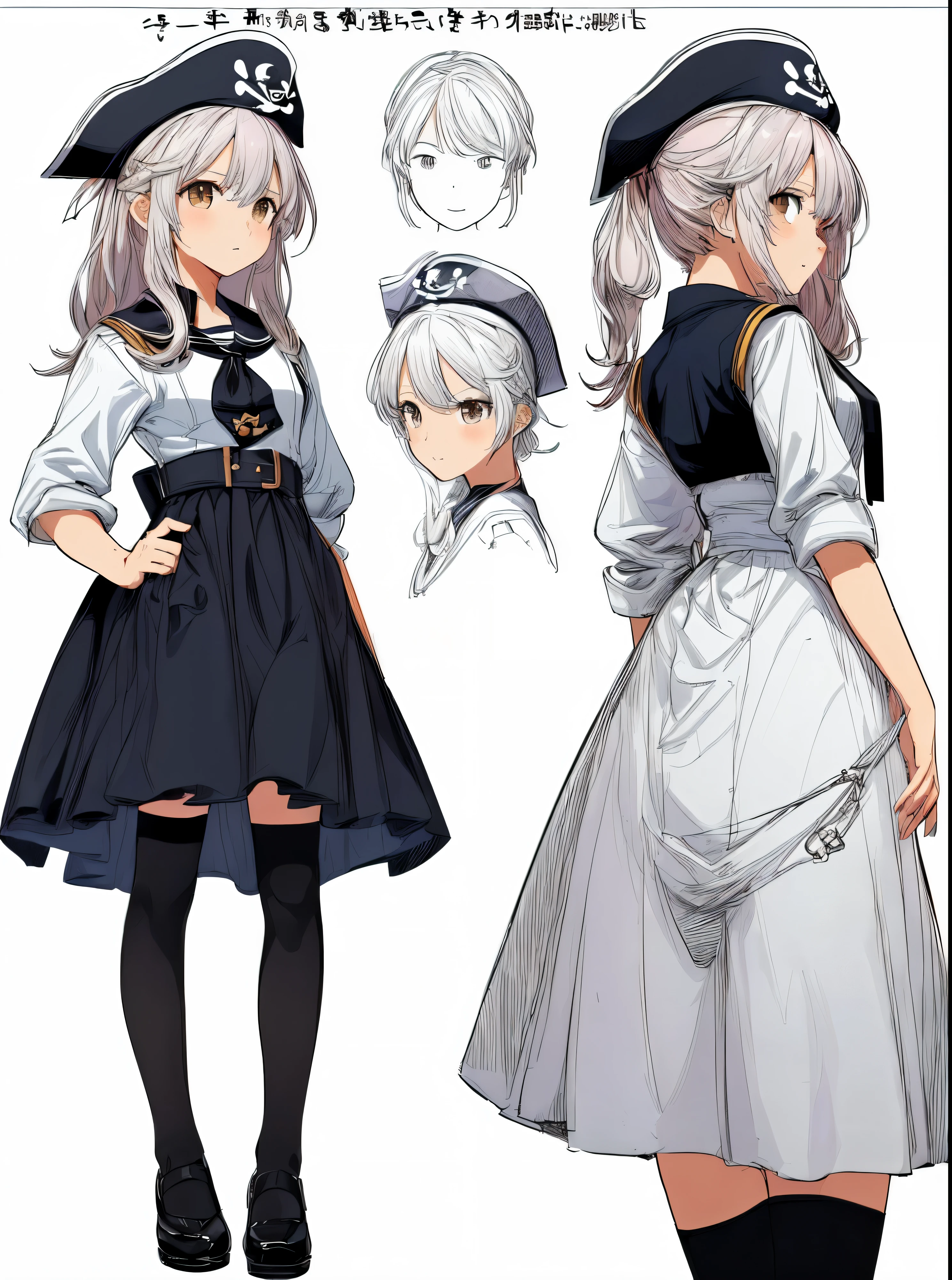 ((masterpiece)),(((best quality))),(character design sheet, same character, front, side, back),(CharacterSheet:1), (three view drawing), (multiple views, full body, upper body, reference sheet:1.2), (simple background, white background), (simple background, white background), ,pirates girl, sailor, pirates uniform, wearing blind fold, holding sword, old style dress, pirates cap
