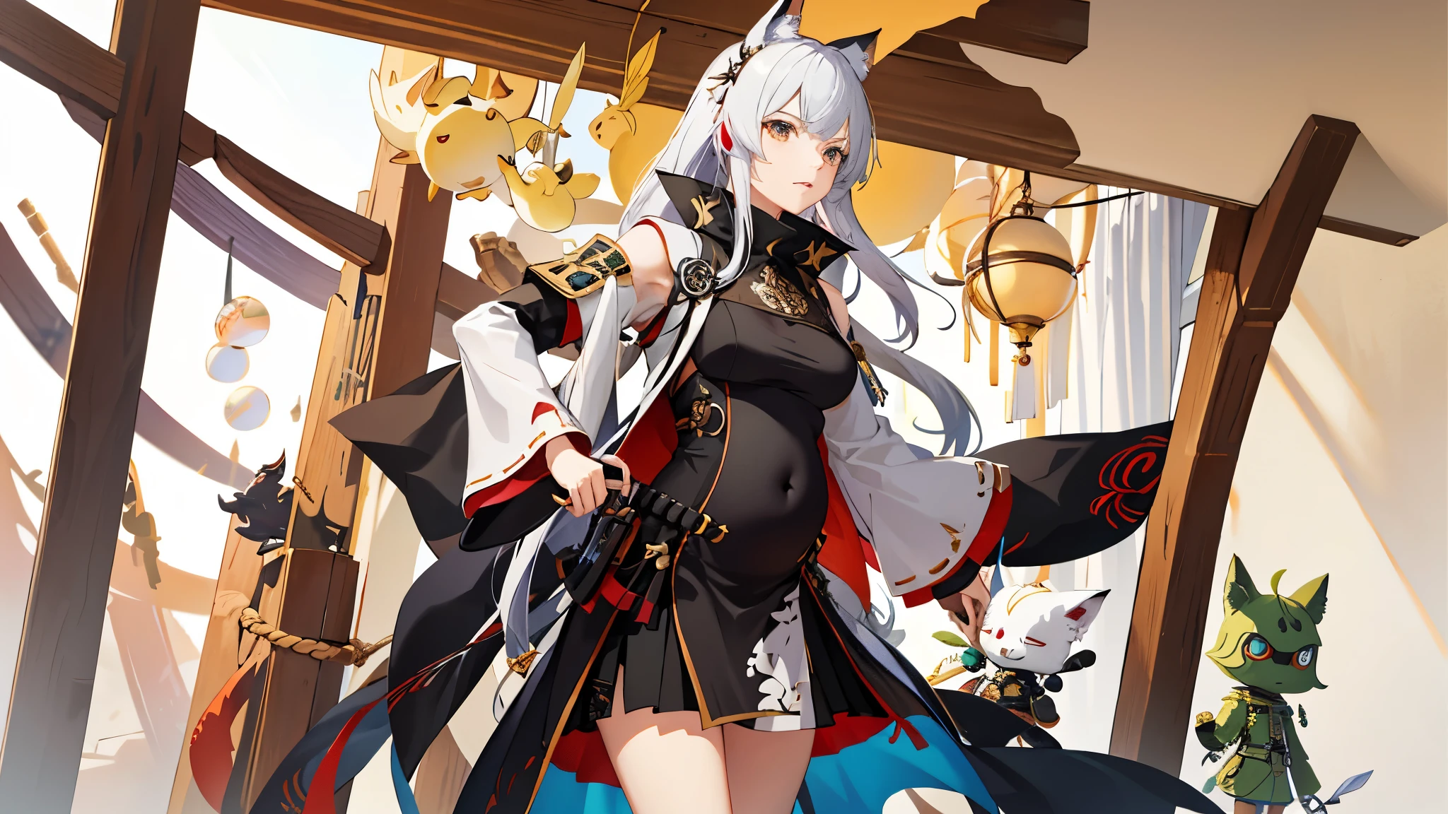 a woman in a dress holding a dagger and a dagger, video game character, from arknights, fox nobushi holding a dagger, hajime yatate, keqing from genshin impact, random haired deity, with small sword, ayaka genshin impact, female action anime girl, official character art, anime character, pregnant anime girl, fetus, random hair color, pregnant belly 