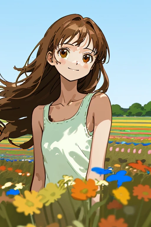Illustration/ 1 girl, Smile/ very rough sketch/ Thin line/ Roughly and roughly drawn illustrations/ concept art/ landscape painting/ Boldly and roughly drawn simplified flower garden/ (Colorful flowers:1.2)/ (Flower fields in the background:1.2)/ vast expanse of blue sky/ upper body/ (Beautifully detailed face:0.8)/ looking at viewer/ smile kindly/ (straight long hair, brown color:1.1)/ (Messy hair:0.5)/ Each hair is fine and delicate/ (brown eye’s:1.5)/ (highlight eye’s, catch light eyes, specular highlight eyes:1.3)/ sleeveless White one-piece/ collarbone/ Focus is on the face/ Bokeh/ Blurred Backgrounds/ depth of field/ masterpiece/ best quality/ highres/
