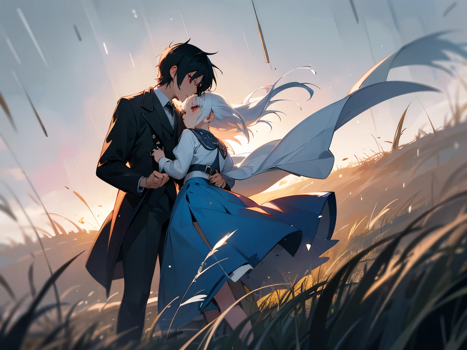 grassland，rain，A young woman with white hair, red eyes and a blue skirt，An oriental girl with black hair and black eyes，Hold hands and dance together，The skirt flutters，Sunlight，masterpiece，best quality，Beautiful