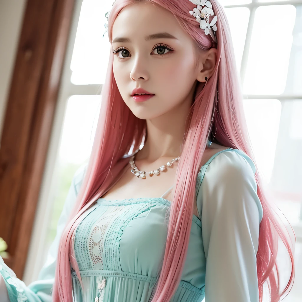 Girl, long pink hair, green eyes, calm features, white skin, dress style, long sleeved loose dress for party, Victorian ballroom