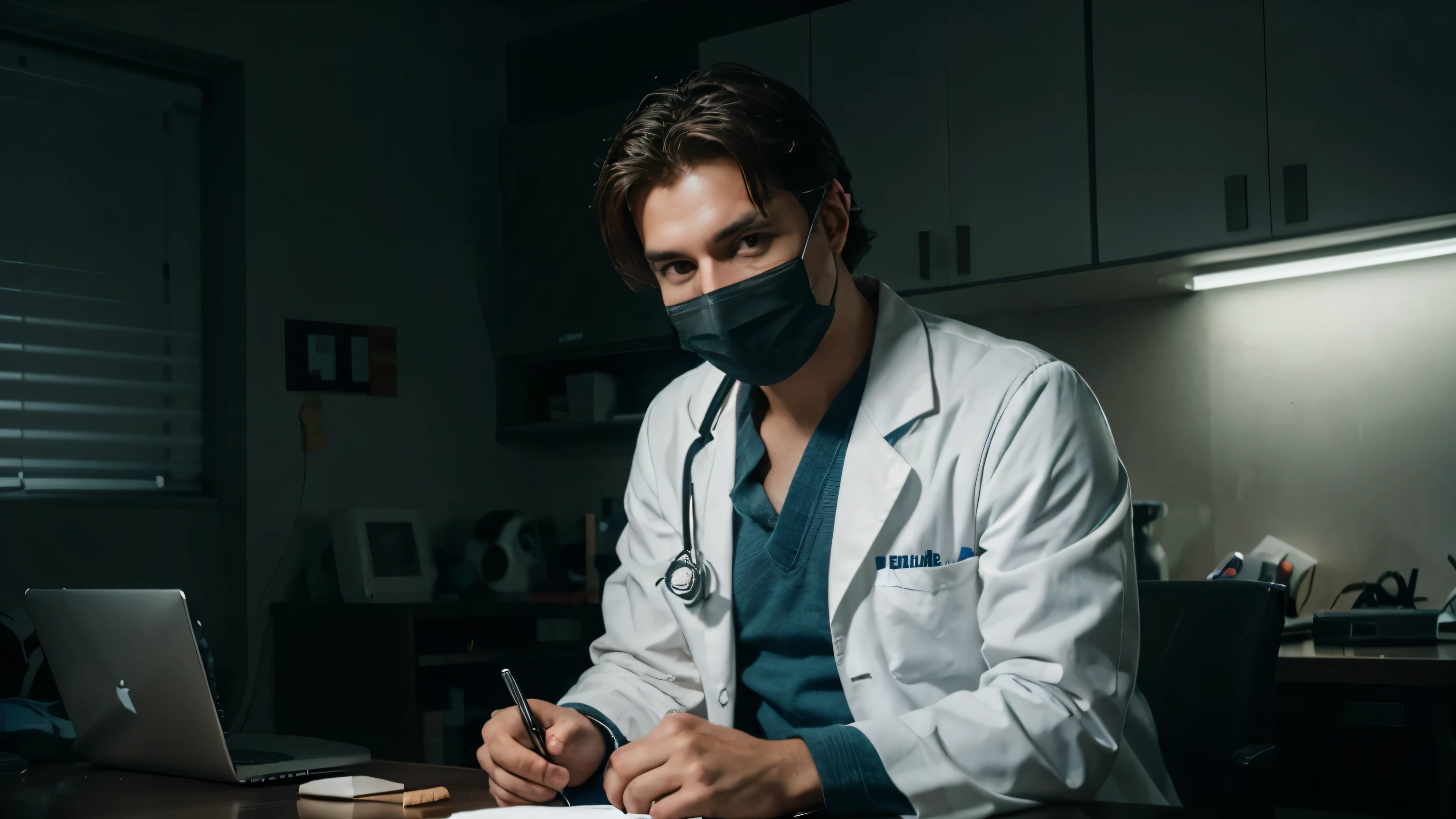 generate ultra realistic male doctor with face mask sitting on the work table in the dark room looking in the camera and talking
