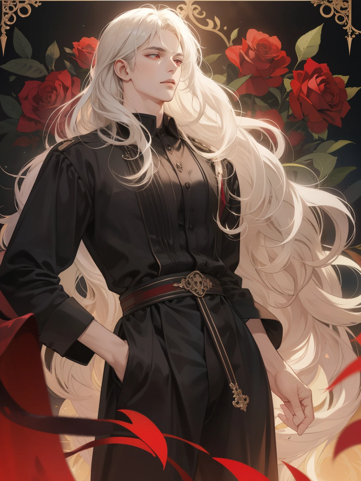 a towering figure at 6'2 ft, (red eyes against a pale complexion), His flowing long curly white hair, styled in a sophisticated mullet, His lean, refined demeanor make him the epitome of male beauty., mansion background elegant, roses, handsome, mullet hair elegant, flowy hair, hairdown, thick hair between his eyes, (thick short side swept bangs), (black pajamas), (CLASSIC FRINGE WITH TEXTURE side swept), (wavy hair)