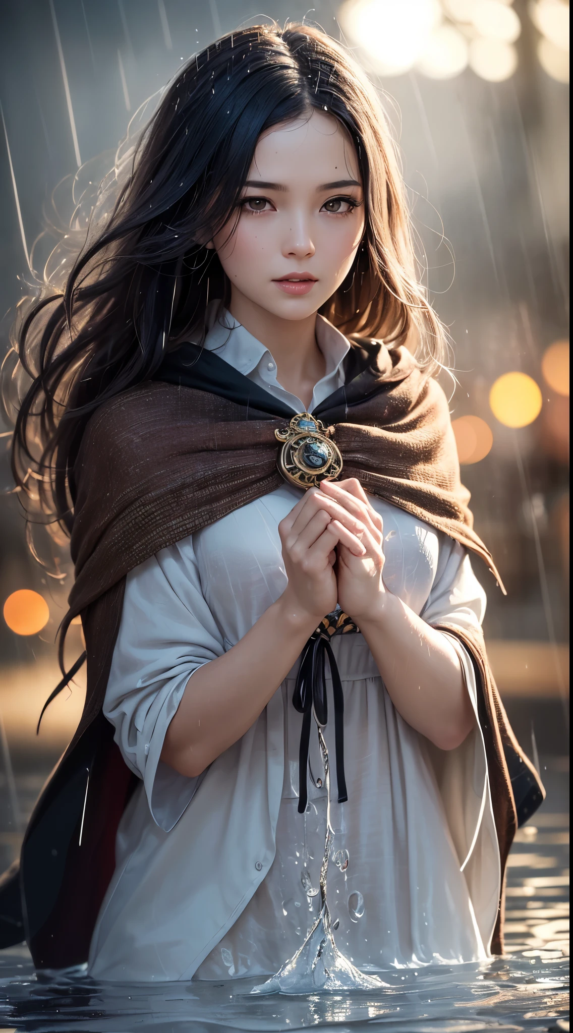 (skin dents:1.5), realistic, realistic, (table top:1.5), concept art, intricate details, very detailed, realistic, octane rendering, 8k, unreal engine, dynamic pose, highest quality, High resolution, (realistic face:1.1), (超realistic:1.1), ((full_body)), perfect eyes,(shiny skin:1.2), (((hairstyle))), (((完璧な手のvery detailed背景), haunted island, ((dynamic background)), ((lightning)), (light), (1 girl), wearing a cloak, (((flowing cloak))), ((fine eyes, high quality eyes, high quality face)), long hair, (((flowing hairstyle))), 1 girl ((Control the water)), (((whirlwind of water))), Ocean, tsunami, magic, (create a dramatic, Depth of the bounds written, Bokeh, 4k, gothic, ((rain)), energy ball between hands