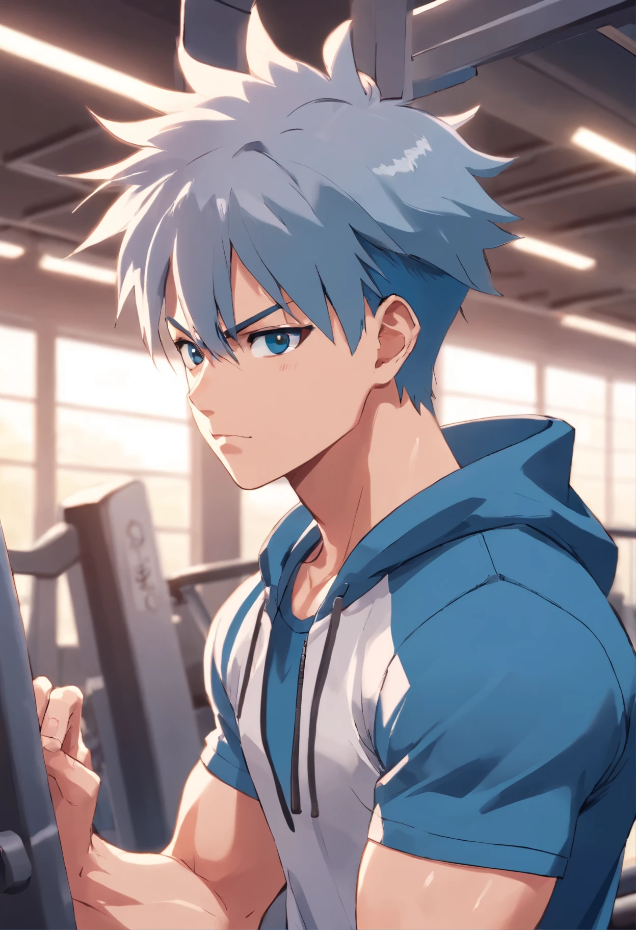 Kakashi Hatake in Gym clothes training intensely in a bodybuilding Gym, buff, looking at the viewer, Gym, logic , workout, scar on his left eye, blue mask