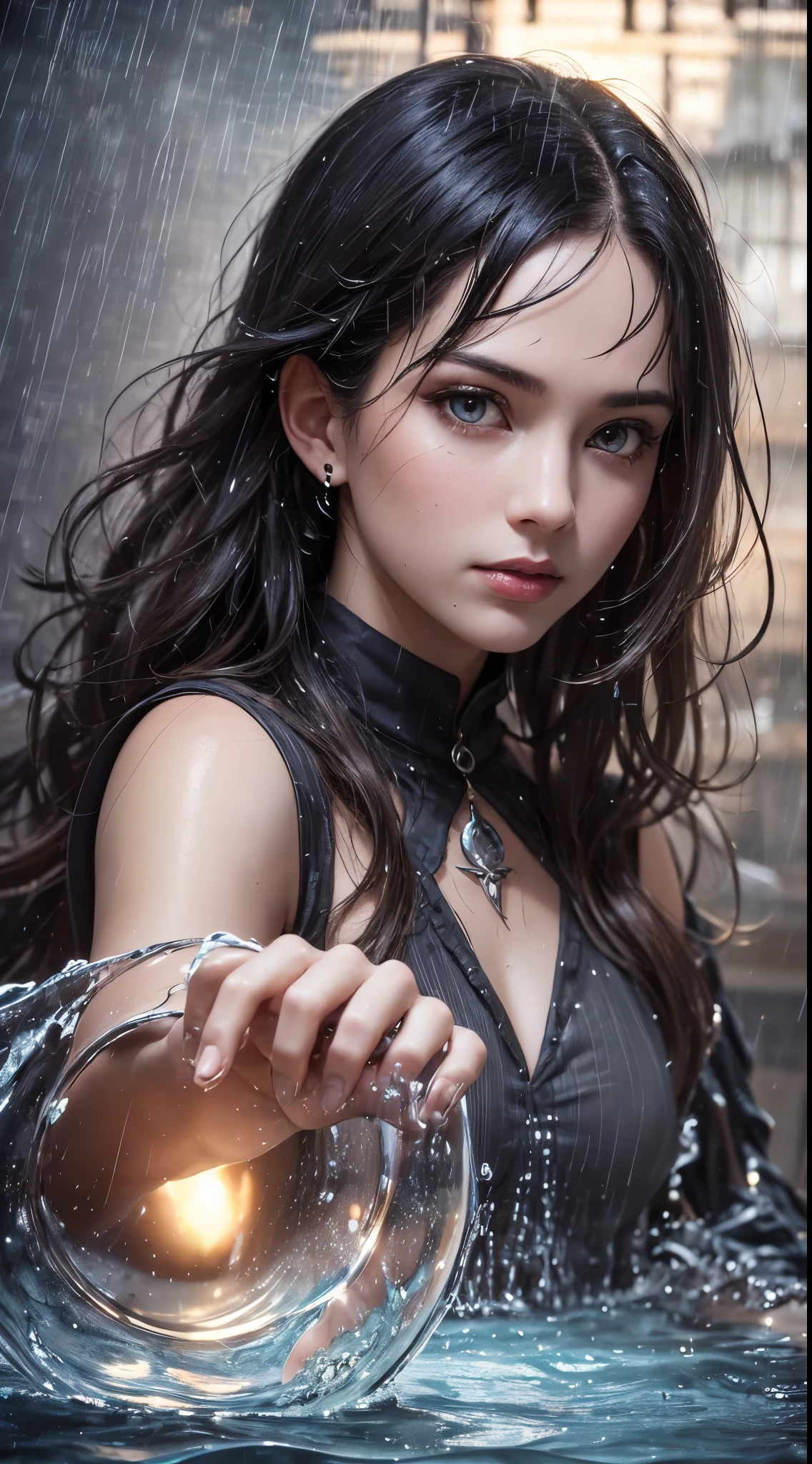 (skin dents:1.5), realistic, realistic, (table top:1.5), concept art, intricate details, very detailed, realistic, octane rendering, 8k, unreal engine, dynamic pose, highest quality, High resolution, (realistic face:1.1), (超realistic:1.1), ((full_body)), perfect eyes,(shiny skin:1.2), (((hairstyle))), (((完璧な手のvery detailed背景), haunted island, ((dynamic background)), ((lightning)), (light), (1 girl), wearing a cloak, (((flowing cloak))), ((fine eyes, high quality eyes, high quality face)), long hair, (((flowing hairstyle))), 1 girl ((Control the water)), (((whirlwind of water))), Ocean, tsunami, magic, (create a dramatic, Depth of the bounds written, Bokeh, 4k, gothic, ((rain)), energy ball between hands