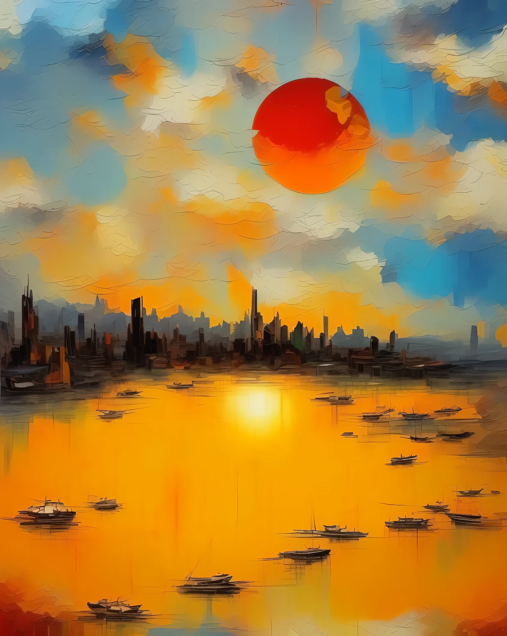 Painting of a sunset over a city with boats in the water, beautiful art uhd 4 k, Oil painting 4 k, Oil painting 4K, Sonnenuntergang in der Stadt, Red sun over paradise, Oil on canvas 4k, Artistic painting, entferntes Stadtbild, colorful oil painting, vibrant oil painting, Luminescent oil painting, Sun and shadow over a city, Oil Paint Style