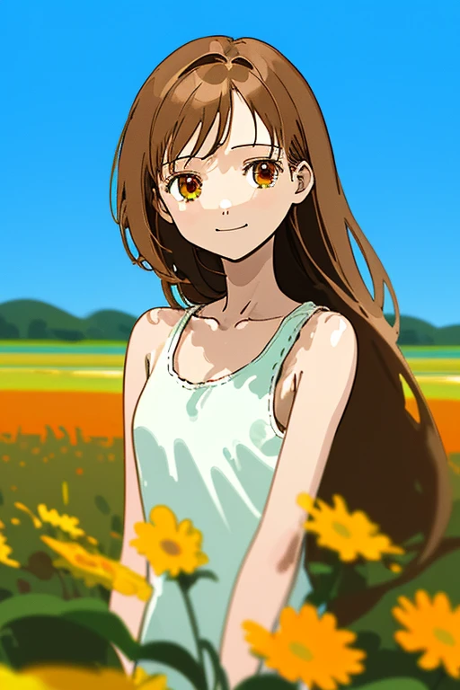 Illustration/ 1 girl, Smile/ very rough sketch/ Thin line/ Roughly and roughly drawn illustrations/ concept art/ landscape painting/ Boldly and roughly drawn simplified flower garden/ (Colorful flowers:1.2)/ (Flower fields in the background:1.2)/ vast expanse of blue sky/ upper body/ (Beautifully detailed face:0.8)/ looking at viewer/ smile kindly/ (straight long hair, brown color:1.1)/ (Messy hair:0.5)/ Each hair is fine and delicate/ (brown eye’s:1.5)/ (highlight eye’s, catch light eyes, specular highlight eyes:1.3)/ sleeveless, White one-piece/ collarbone/ Focus is on the face/ Bokeh/ Blurred Backgrounds/ depth of field/ masterpiece/ best quality/ highres/