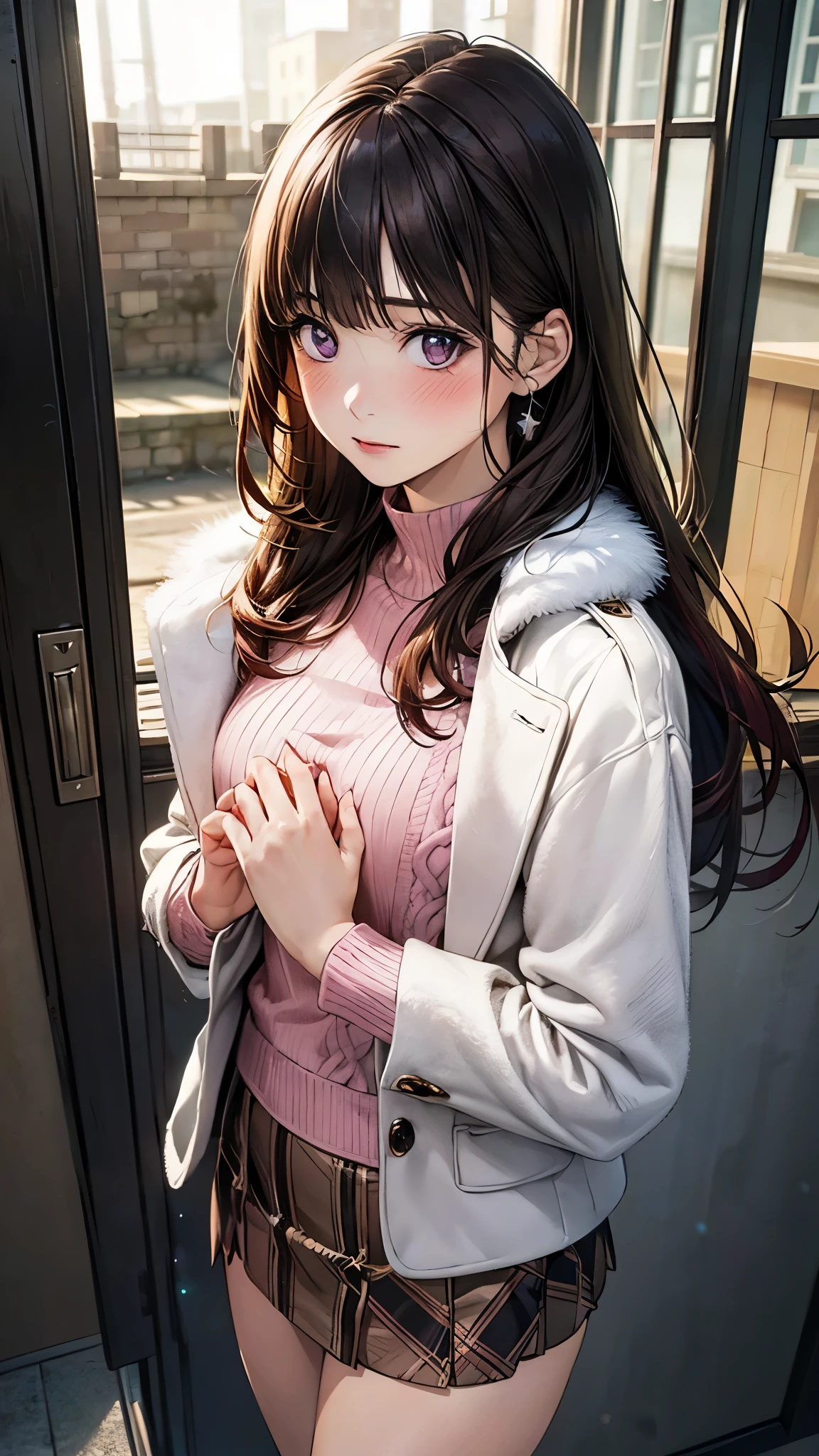 (masterpiece:1.2, top-quality), (realistic, photorealistic:1.4), beautiful illustration, (natural side lighting, movie lighting), depth of fields,
looking at viewer, 1 girl, japanese, high school girl, perfect face, cute and symmetrical face, shiny skin,
(long hair:1.7, himecut:1.4, black hair), blunt bangs, swept bang, purple eyes, long eye lasher, (medium breasts), slender, light red hair ribbon,
beautiful hair, beautiful face, beautiful detailed eyes, beautiful clavicle, beautiful body, beautiful chest, beautiful thigh, beautiful legs, beautiful fingers,
((white high neck fur jacket, closed jacket, pink sweater, brown burberry check mini skirt)), boots,
(beautiful scenery), evening, (riverside), walking, hands on chest, (blush, surprised),