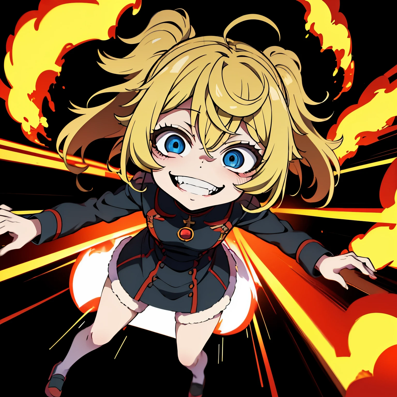 Tanya Senki Tanya Degurechaff, best quality, crazy smile, scary smile, evil smile, uneasy smile, teasing smile, grin, lewd smile, malicious smile, creepy smile, moody bad, gap moe, yandere, dark, horror, horror manga, horror smile, background (explosive flame, motion-blur, action-lines, speed-lines:1.3)