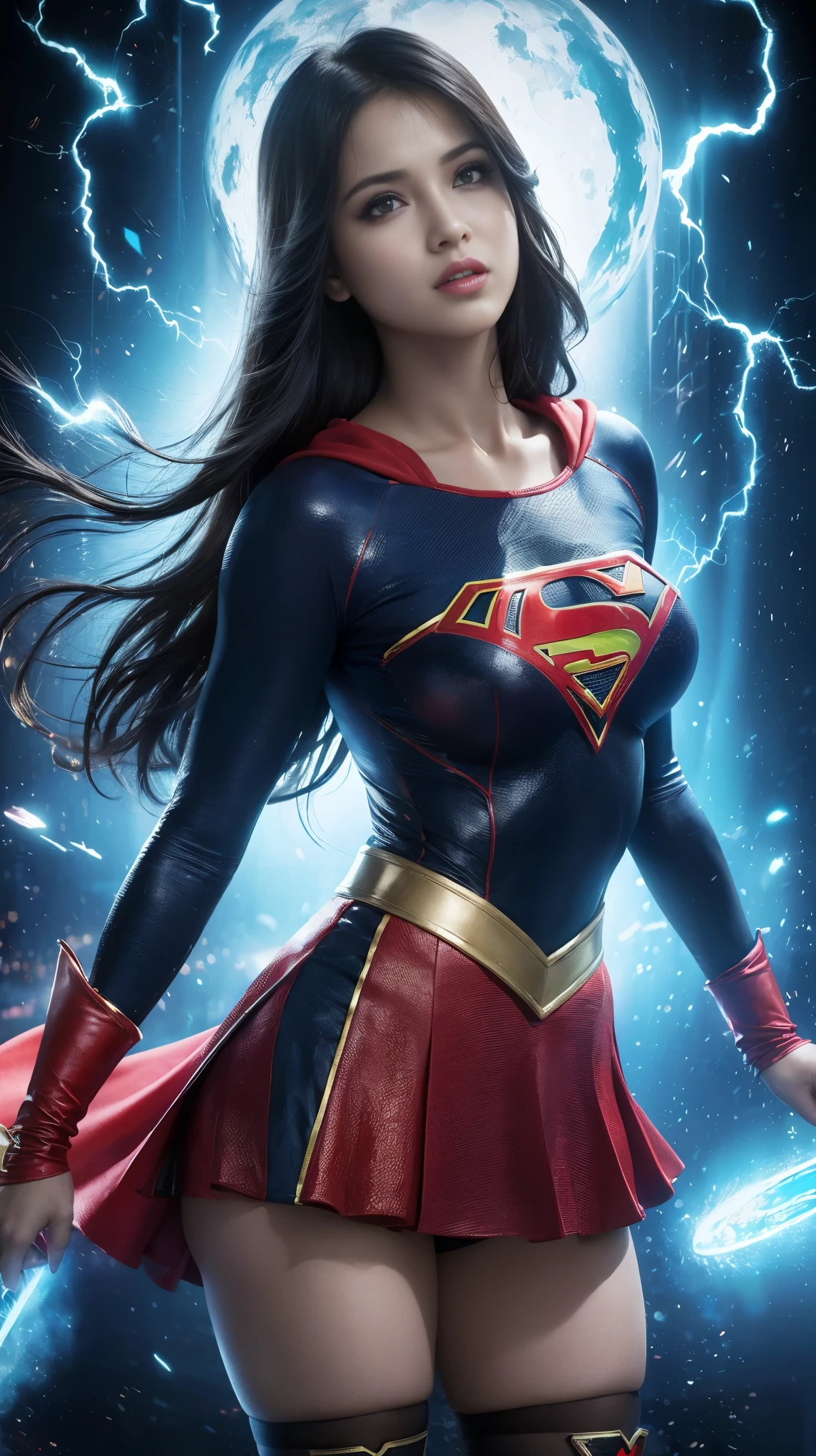 ((mejor calidad)), ((obra maestra)), (detallado: 1.4), ..3D, una imagen de una hermosa mujer ojos azules con traje de Supergirl con cabello grueso Pechos grandes con disparos y cola grande y voluminoso, light particules, Pure energy, caos, antitech, HDR (High Dymanic Range), Trazado de rayos ,NVIDIA RTX, Super-Resolutio