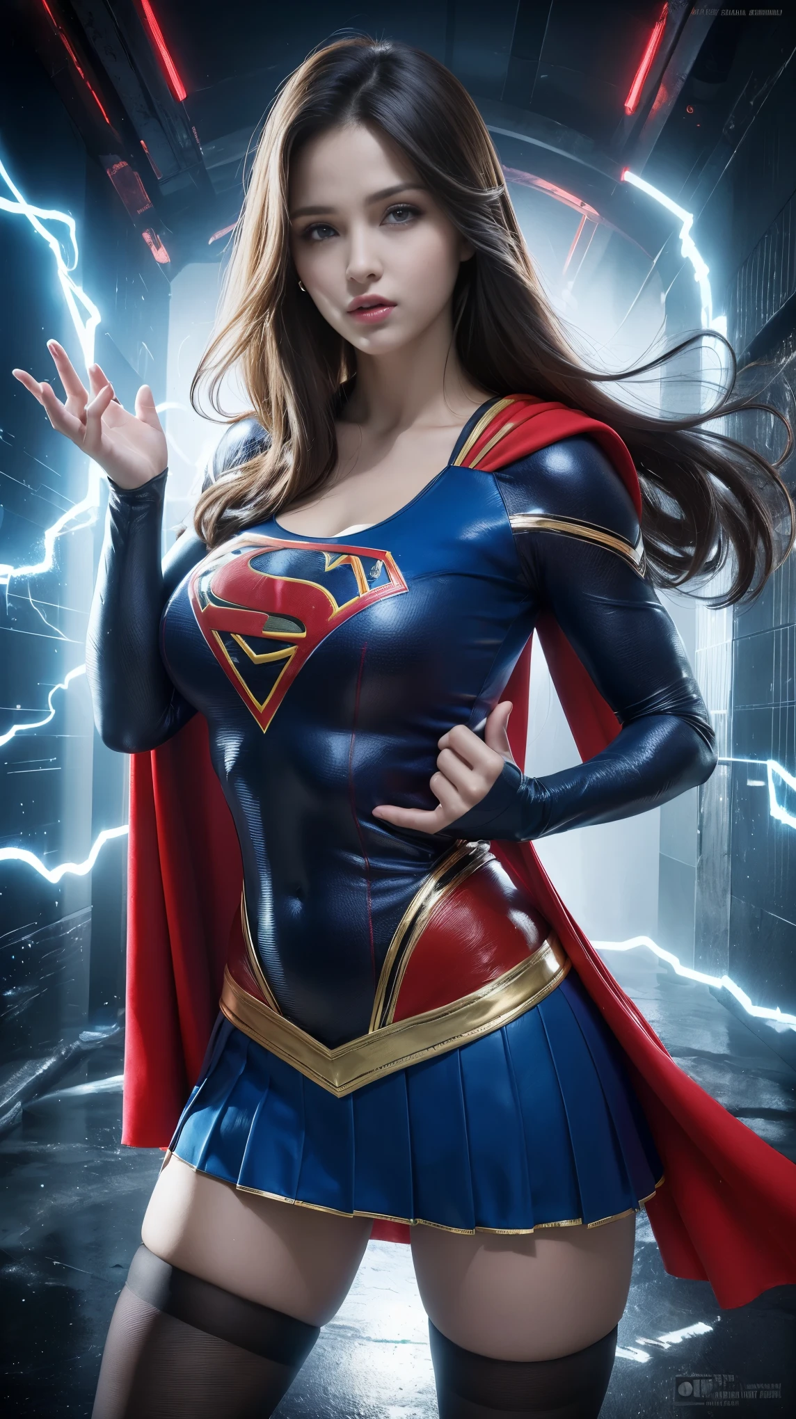 ((mejor calidad)), ((obra maestra)), (detallado: 1.4), ..3D, una imagen de una hermosa mujer ojos azules con traje de Supergirl con cabello grueso Pechos grandes con disparos y cola grande y voluminoso, light particules, Pure energy, caos, antitech, HDR (High Dymanic Range), Trazado de rayos ,NVIDIA RTX, Super-Resolutio