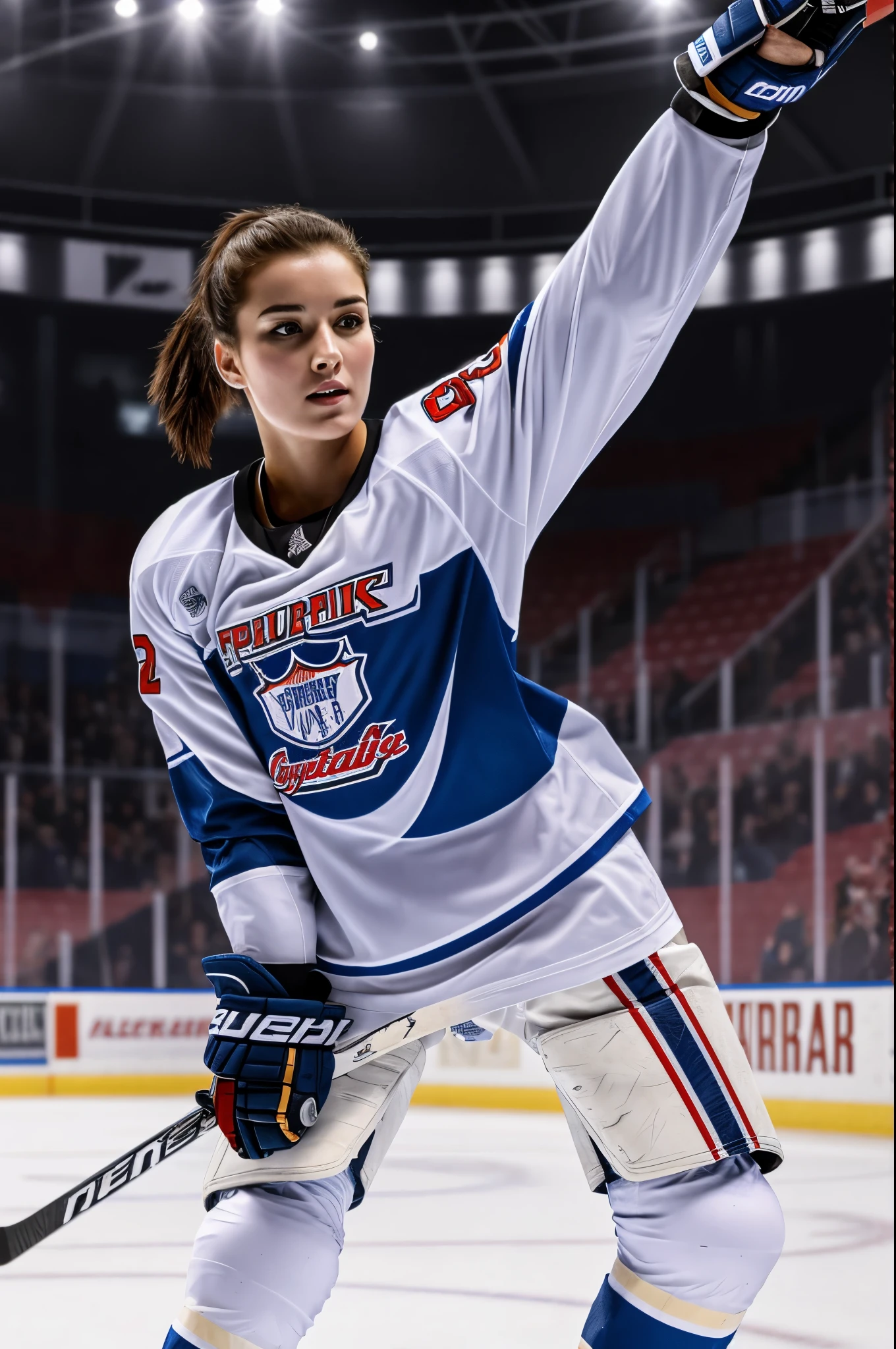 masterpiece, best quality, extremely detailed, hyperrealistic, photorealistic, a pretty woman, ice hockey player:1.2, ice hockey venue, dynamic pose, ultra detailed face:1.1