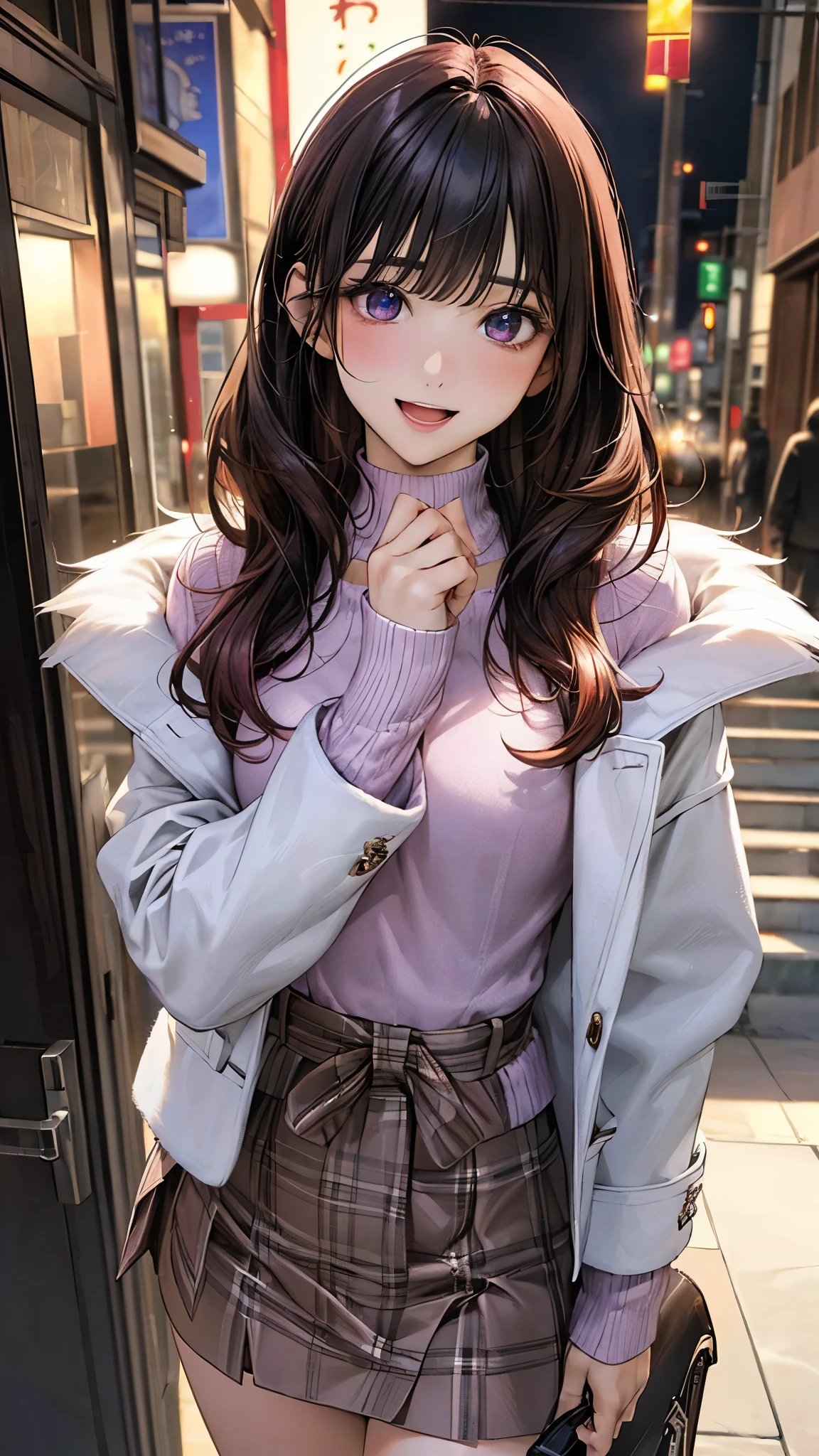 (masterpiece:1.2, top-quality), (realistic, photorealistic:1.4), beautiful illustration, (natural side lighting, movie lighting), depth of fields,
looking at viewer, 1 girl, japanese, high school girl, perfect face, cute and symmetrical face, shiny skin,
(long hair:1.7, himecut:1.4, black hair), blunt bangs, swept bang, purple eyes, long eye lasher, (medium breasts), slender, light red hair ribbon,
beautiful hair, beautiful face, beautiful detailed eyes, beautiful clavicle, beautiful body, beautiful chest, beautiful thigh, beautiful legs, beautiful fingers,
((white high neck fur jacket, closed jacket, pink sweater, brown burberry check mini skirt)), boots,
(beautiful scenery), evening, (riverside), walking, hands on chest, (lovely smile, upper eyes, open mouth small),