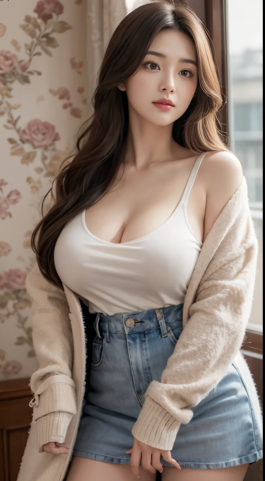 ((tmasterpiece, 32K,8K,the wallpaper, A high resolution, absurd res,RAW photogr,)),(realisticlying:1.5),(light),(detailed finger),(highdetailskin:1.retty eyes),1个Giant Breast Girl,Alone, Winters, yuki, fur collar trench coat, high-necksweater, mini-skirts, lacepantyhose,(Huge grabbed),twilight,rosy clouds,the wind,Hair flying,