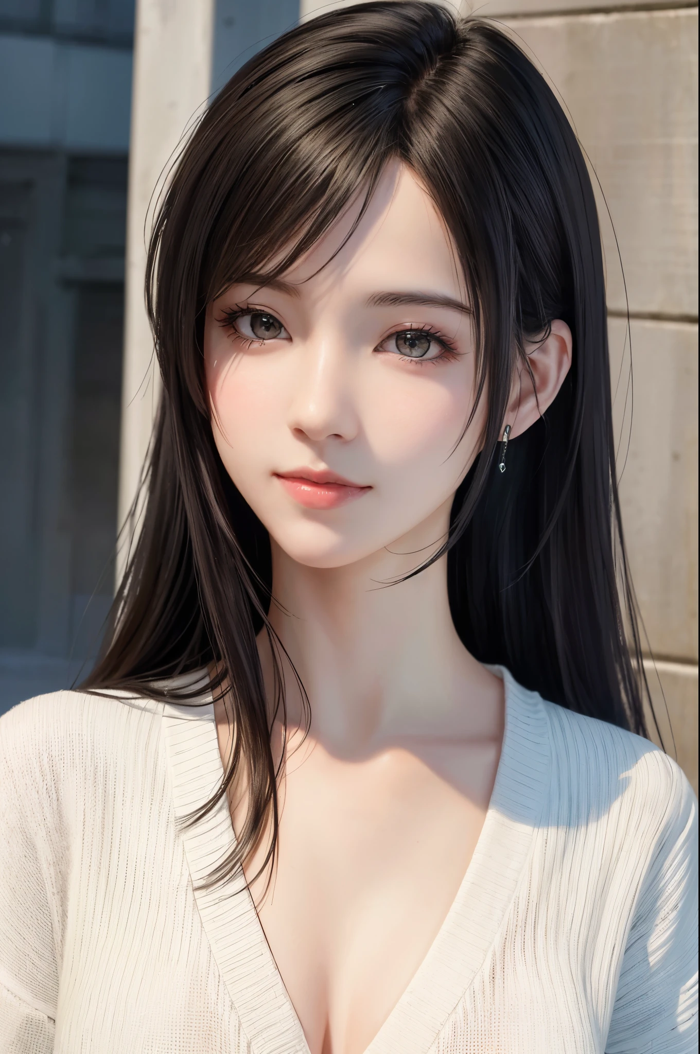 (Top Quality, Masterpiece: 1.1), (Realistic: 1.3), BREAK (((FF7,Tifa_lockhart))),Ultra-detailed face, Detailed eyes,(black Brown Hair, Large breasts: 1.2),(Imaginative Macanese Female Page, background is Unique The Tablets of Stone, at Sunrise), BREAK (wearing oversized loose sweater, Exquisite cloth, white Clothes),clothed,(No Bra) ,(Small and beautiful hard nipple),(shiny oiled skin: 1.1), about 18 years old, BREAK smile, kawaii,(cool pose:1.2),Wallpapers, ultra high res, ultra high quality,
