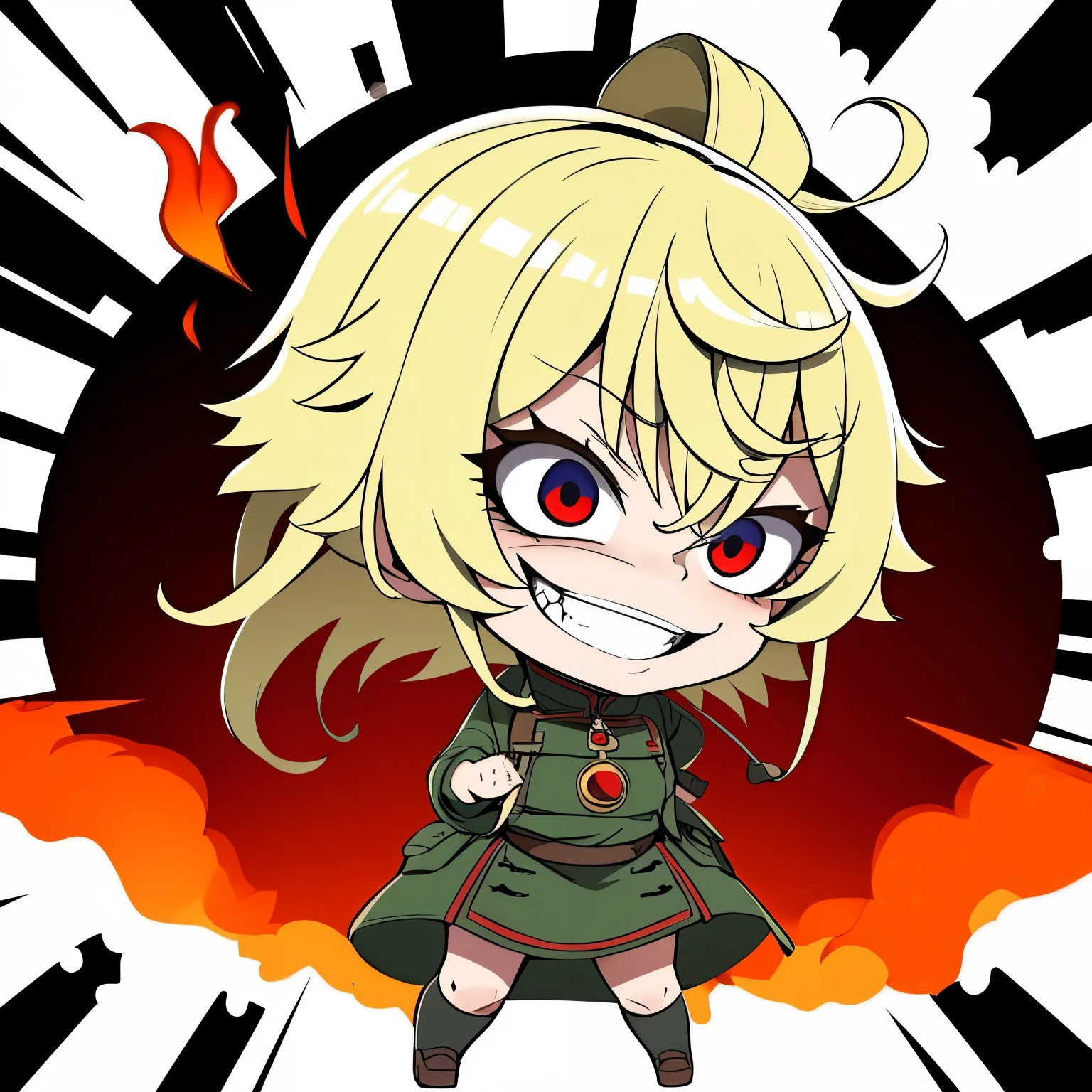 Tanya Senki Tanya Degurechaff, (chibi , deformed, full body, big head:1.5, 3D), best quality, crazy smile, scary smile, evil smile, uneasy smile, teasing smile, grin, lewd smile, malicious smile, creepy smile, moody bad, gap moe, yandere, dark, horror, horror manga, horror smile, background (explosive flame, motion-blur, action-lines, speed-lines:1.3)