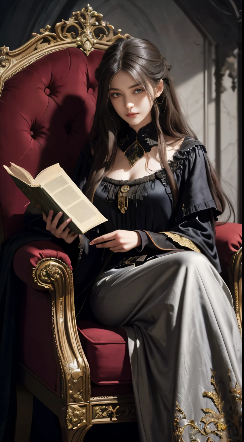 Oil painting of a young woman with long hair in a velvet dressing gown sitting on a tall wingback chair and reading a large book, In the Gothic library, Dark dramatic lighting, deep shadow, classic color palette, super detailed, elegant, Fine art, Exciting,Gustave Moreau, Sgt., Alphonse Mucha, abstract expressionism