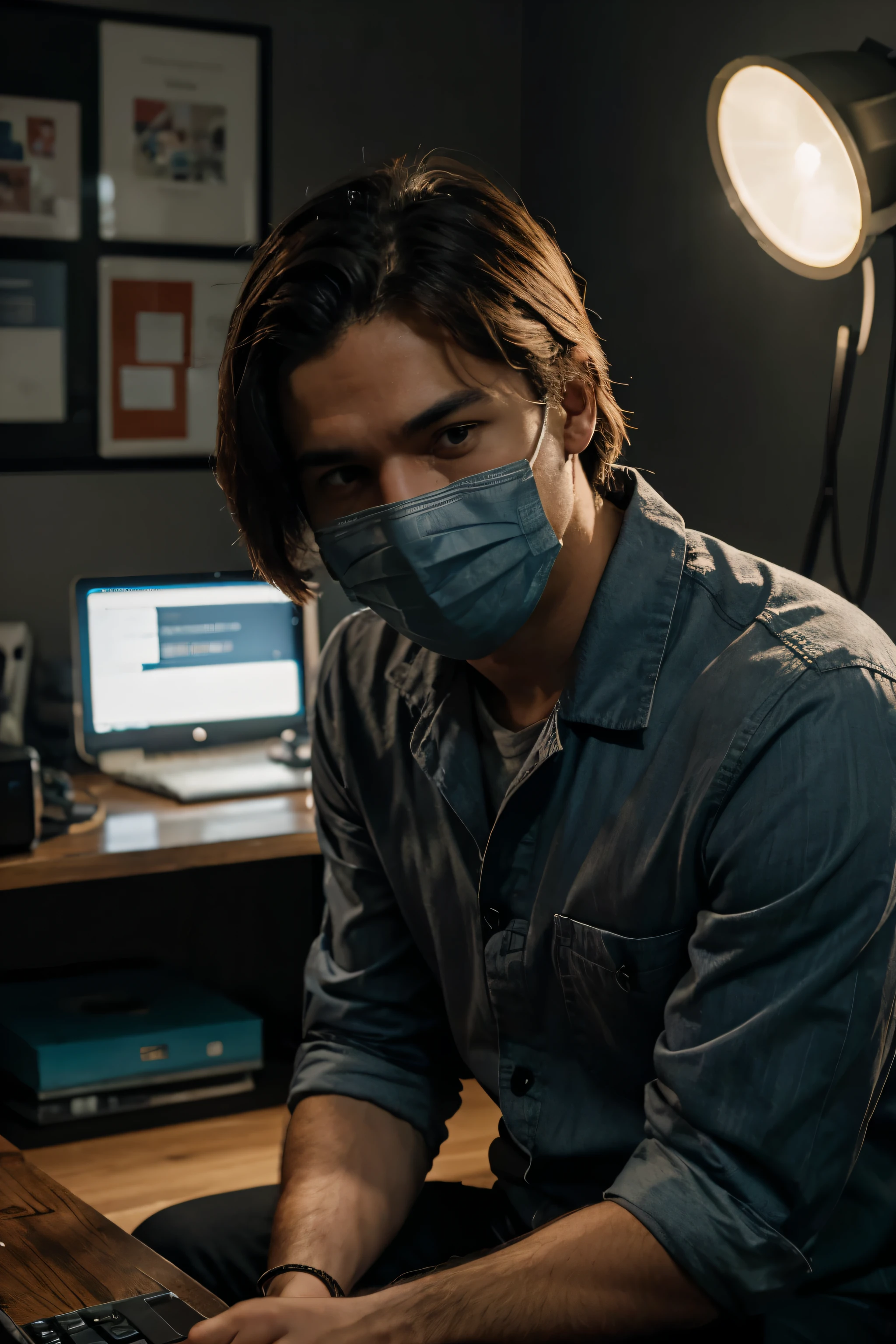 generate ultra realistic male doctor with face mask sitting on the work table in the dark room looking in the camera and talking