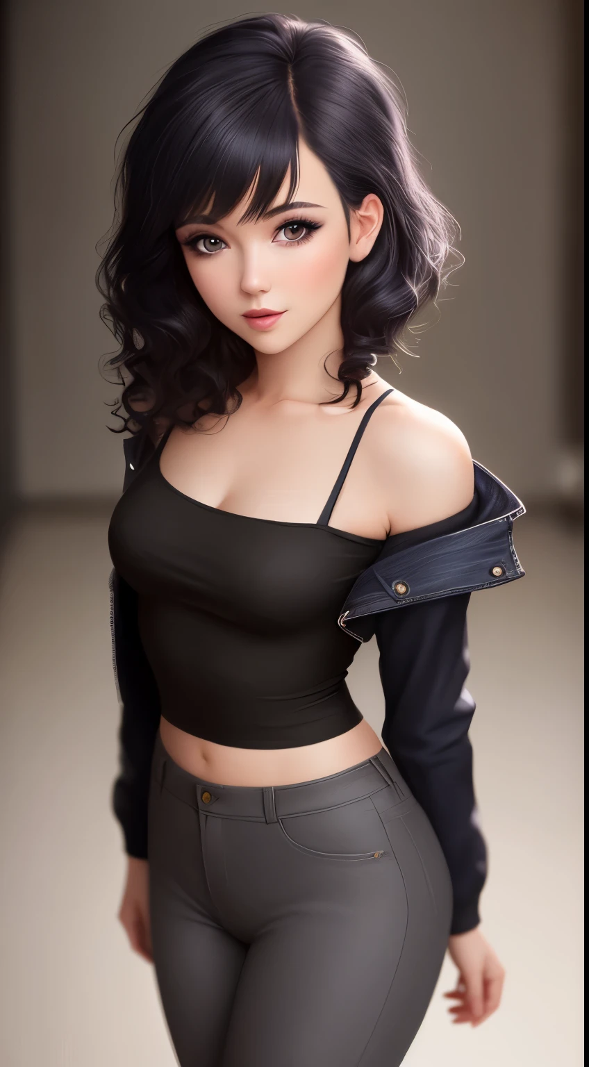 Professional Photography of a Woman, 1 woman, Artistic Background, flirting, From above, blur the background, beautiful photo of a woman, Realistic, girl with short wavy hair down to her shoulders with long side bangs in black color, beautiful small and elegant lips, deep gray eyes , soft purple and black eye makeup, tight pants, black punk jacket, black hair, highest quality, ultra detail, Naughty angles, Beautiful mature face, Seductive eyes, Soft background lighting
