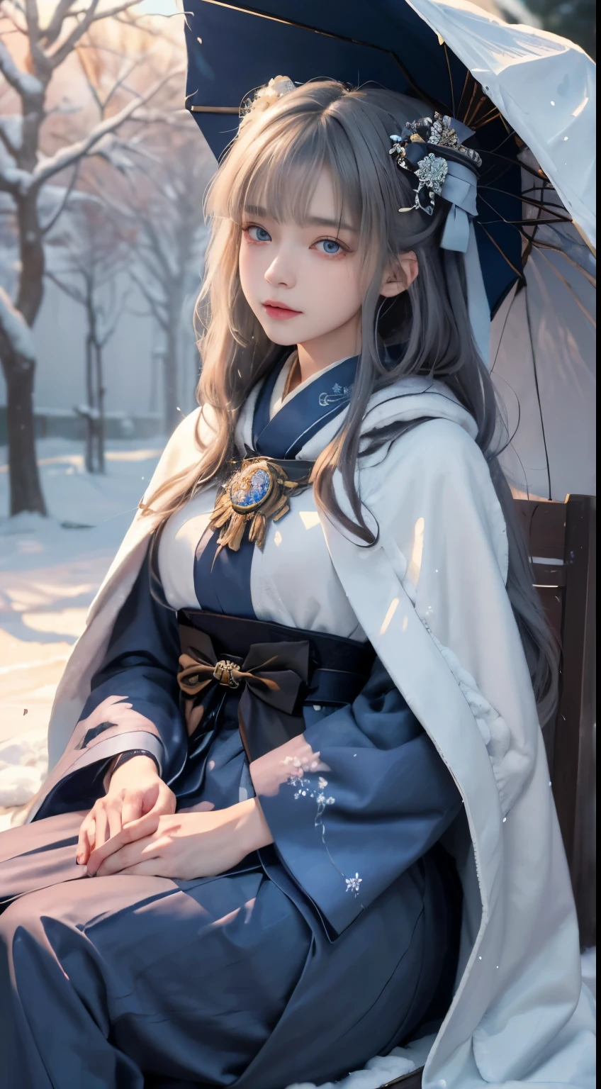 ((works of masters))，(超A high resolution)，1 girl,shining eyes，tears of sadness， sitting, (****ta costume)，cloak (Oyuki, cover with snow，winter outdoor activities:1.2),snowfield，blue eyes，Top quality illustrations，detailed facial features