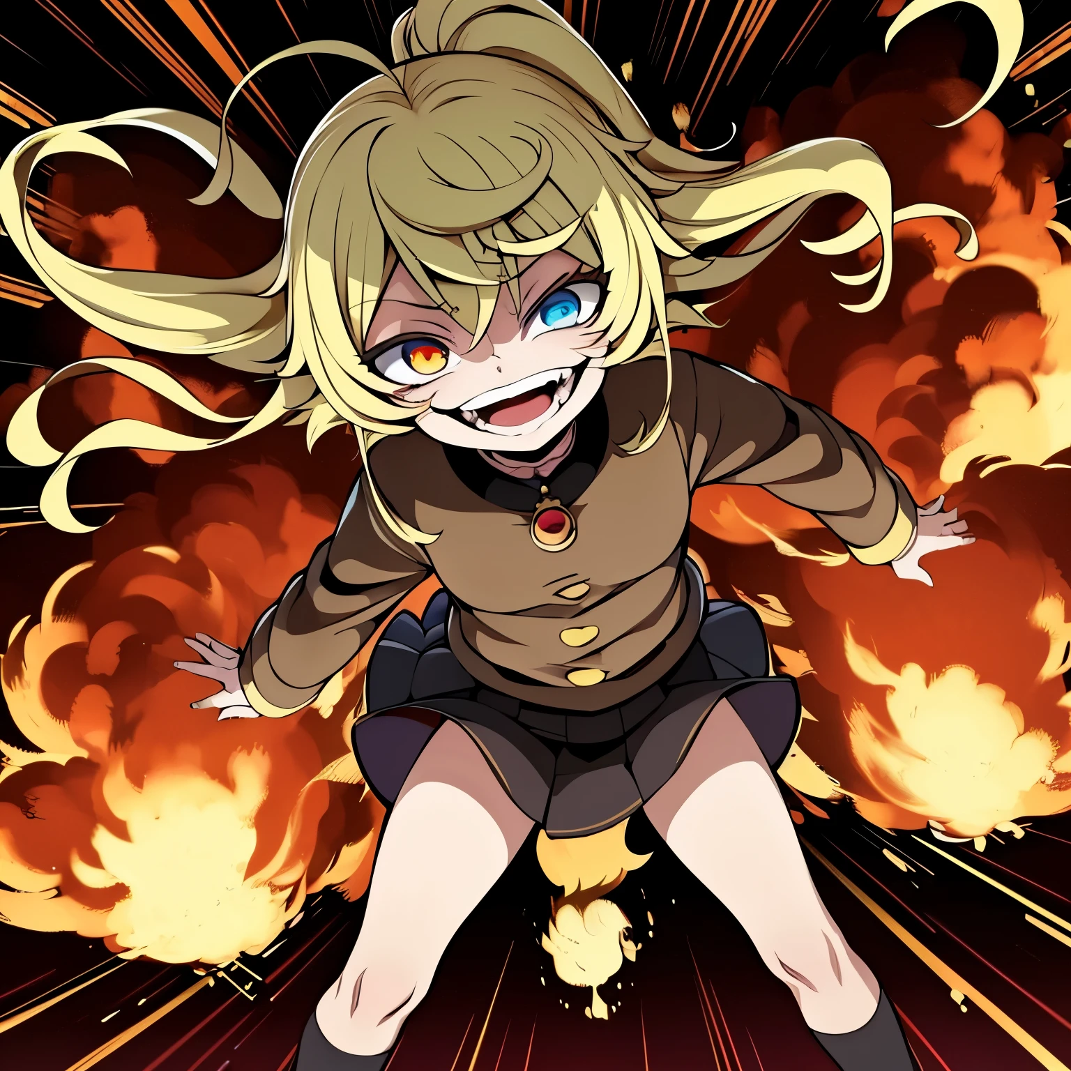Tanya Senki Tanya Degurechaff, (chibi , deformed, full body, big head:1.5, 3D), best quality, crazy smile, scary smile, evil smile, uneasy smile, teasing smile, grin, lewd smile, malicious smile, creepy smile, moody bad, gap moe, yandere, dark, horror, horror manga, horror smile, background (explosive flame, motion-blur, action-lines, speed-lines:1.3)
