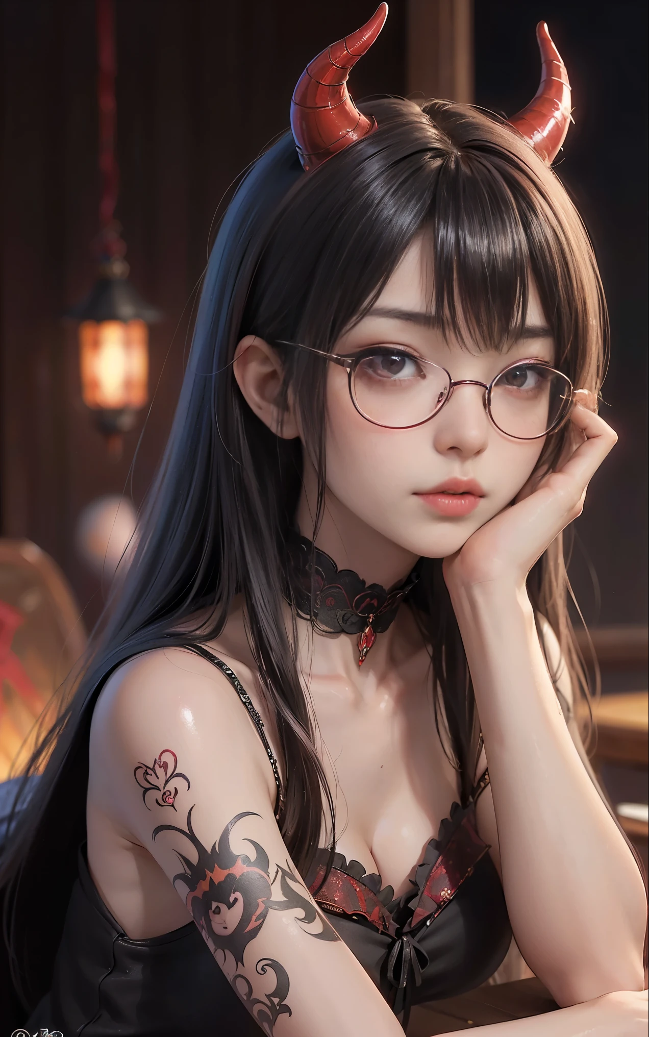 OKですかですか、(best illustrations)、8k UHD resolution、intricate details、highest quality、realistic、Super detailed、best lighting、best shadows、soft lighting、Ultra HD、超realistic、Tyndall effect、Photoreal、(high detail skin:1.2)、 (intricate details, compensate, face to face with the children_v1:0.5), (OK, beautiful and delicate face, OKですか, beautiful and delicate eyes, perfectly proportioned face, high resolution skins, fine skin, Optimal ratio of 4 fingers and 1 thumb, arm under chest, red tattoo on lower abdomen、Wow wow, wide hips, smooth abdomen, thin and thin skin, __fashion__, __hair__:1.25)、Digital single-lens reflex camera、 absurd、(table top: 1.3), (maximum resolution: 1.2), (Ultra HDTV: 1.2), cinematic light, fine eyes and skin, detailed facial features, , (sharp focus: 1.2）, (focus on the face:1.2),perfect style, beautiful face, acura, anatomically correct, Highly detailed face and skin texture, fine eyes, double eyelid, thin eyebrows, glitter eyeliner: 1 natural cheeks, Glossy skin, Fair skin: 1.2, (glossy lips: 1.4),(embarrassed look: 1.2),Highly detailed face and skin texture, fine eyes, double eyelid, natural cheeks,  glossy lips: 1.4,exposed cleavage、Bewitching。charm、 Beautiful devil woman from hell, Surreal female portraits by David Hockney and Alphonse Mucha, charm女性の肖像画、fantasy art, Chinese humanoid、chinese actress、dungeon、dragon、devil&#39;palace of、devil&#39;torture chamber、night、dark style 、in the dark、(detailed spooky background:0.8), magic、 1 girl、evil nun、dark necromancer、Succubus、devil&#39;Daughter of、Shinonome Umi、bat wings，(((devil&#39;Horn)))、 ((((giant glasses, otaku glasses, thick glasses, round glasses)))),(((big breasts)))、(devil&#39;Tail)、(red eyesは光り輝いて:1.6)、red eyesは非常に鮮明で詳細です, your eyes are made up so beautifully, ((red eyes:1.0)),intricate tattoo, demonic intricate tattoo, tattoo on thigh, body tattoo, masterpiece、最もbeautiful face、baby face、cute smile、beautiful plump red lips、筋肉のcharm体、devilのcharm体、devil style、charmブラックマジックコスチューム、The long-haired、Braid、Black hair、Ponytail distortion、, Ponytail with a bow tied at the back of the hair, beautiful expression、body up、big breasts強調、bust,  super tight chest, Breast augmentation surgery, Breasts are very big and round,tight waist、wide ass、 secret key, cowboy lens, (black phoenix dress: 1.0),  devil crown,  red sparkling gemstone necklace、Jewelry G Wise,  Please wear black mesh socks,Wear light red、nffsw, nffsw, meet beautiful girls, look at the girl&#39;body of,