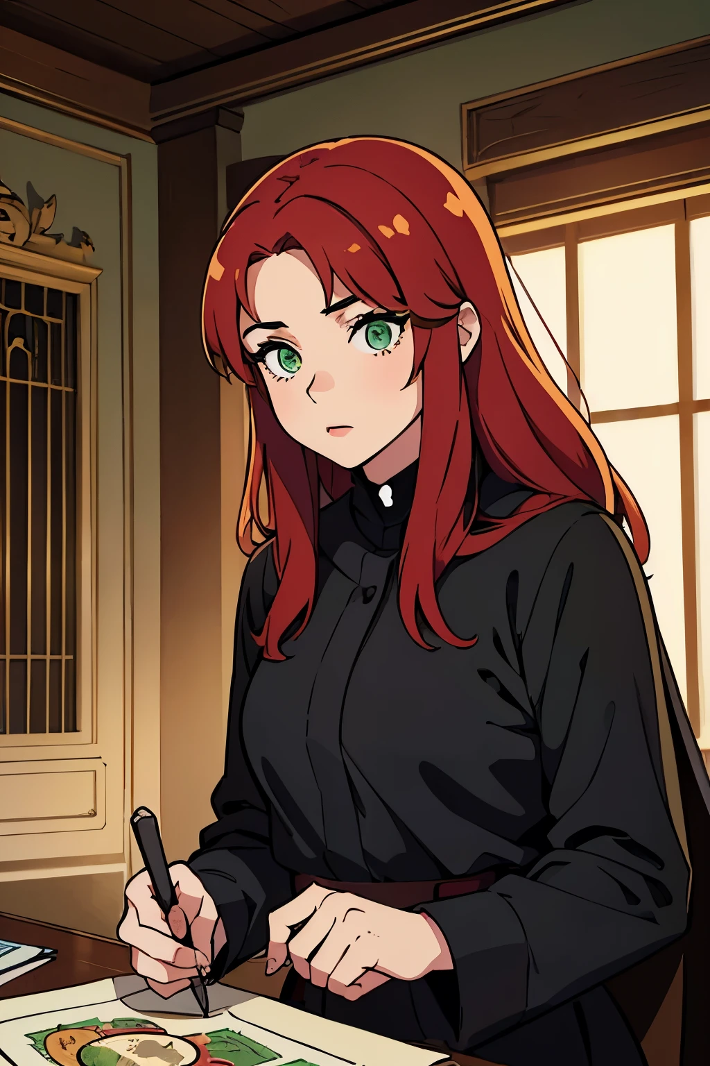 (Best quality:1.1), (Masterpiece:1.4), (Illustration fantastique:1.2), 1fille, cute girl, red hair, green eyes, black clothes, white, iraqi girl, iraq 🇮🇶