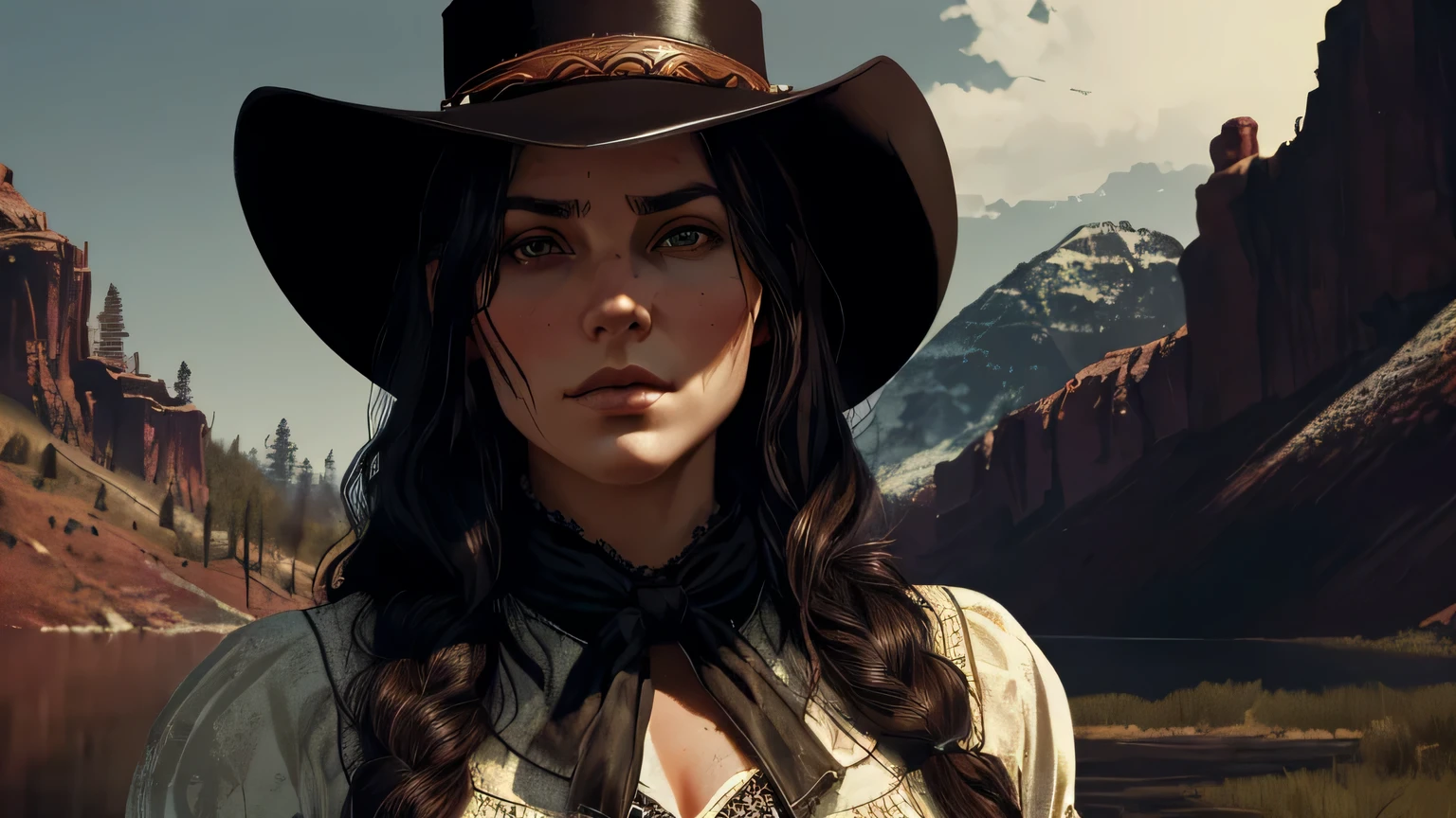 (Стиль Red Dead Redemption, Best quality, ВысокаI детализациI, A high resolution:1.2, Masterpiece, 4k), (Wild West : Girl with black flowing hair, в ковбойской шлIпе и черной ковбойской блузке с высоким воротником и длинными брюками охотитсI на фоне горного озера, грIзные длинные черные волосы, , Beautiful face, Hourglass body, Blue eyes, sparkling eyes)), elegant, difficult , hourglass figure, (finely detailed beautiful eyes: 1.2), Perfect body, I'I смотрю на зрителI, очаровательный взглIд, Portrait at the waist, cinematic lighting, darkness, темнаI сцена, ((muffled light)), Turning off the lights, super detailed, Ultra-realistic, цифроваI фотографиI