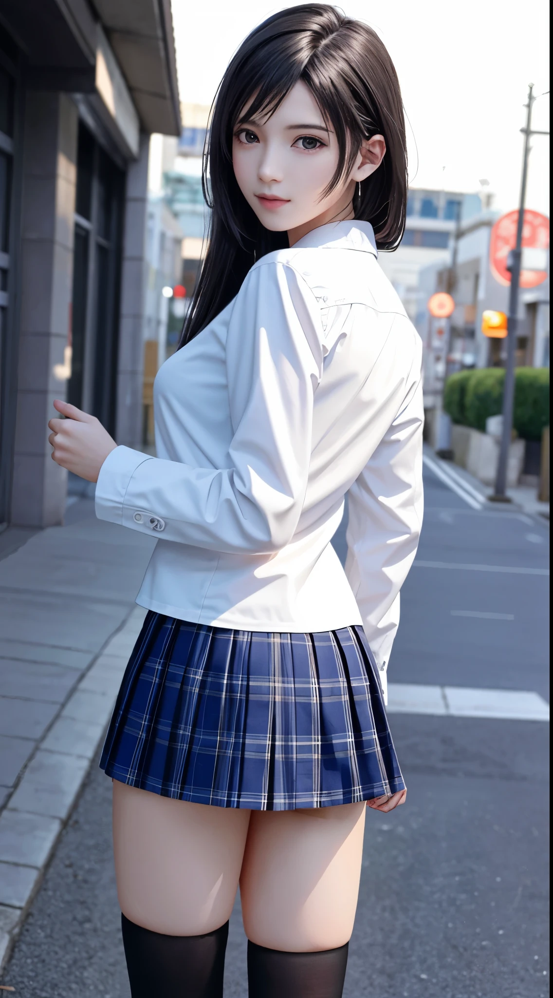 {top quality, masterpiece},{{{Realistic, photo Realistic}}},wallpapers, BREAK (((FF7,Tifa_lockhart))),{{{Japanese JK uniform, Navy Blue blazer, collared school shirt, long-sleeved, Navy Blue Plaid Pleated mini-Skirt, white short socks, loafers}}},{{from behind, back hair}},{{background big city, Shibuya, neon}},Cinematic lighting, city light at night,{{gravure pose, Nogizaka idol}},Ultra-detailed face, Detailed eyes, Red eyes, BREAK (((FF7,Tifa_lockhart))),{black brown hair, Large breasts}, BREAK , About 18 years old, kawaii, sensual, looking at viewer, (calf focus:1.2), Beautiful legs, walking ,no make-up