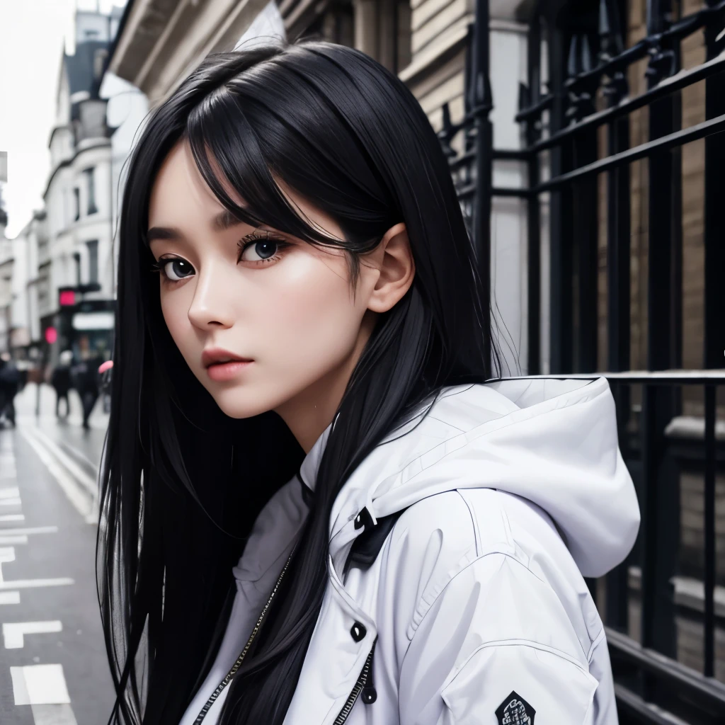 Girl, long soft black hair, violet eyes, sharp features, white skin, dress and jacket, London
