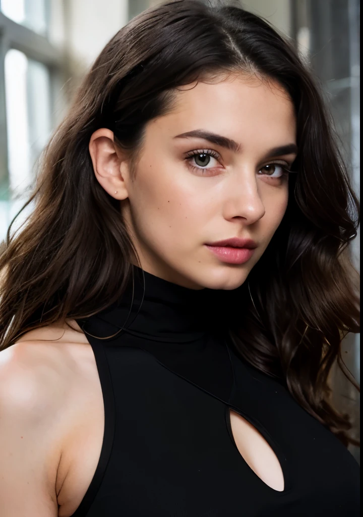 29 year old woman, long brown hair, slightly curly, yeux bleus, visage parfait, professional makeup like model, C et portant un haut noir