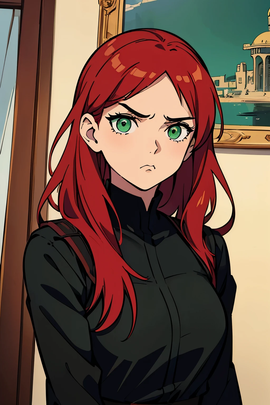 (Best quality:1.1), (Masterpiece:1.4), (Illustration fantastique:1.2), 1fille, cute girl, red hair, green eyes, black clothes, white, angry, iraqi girl, iraq 🇮🇶
