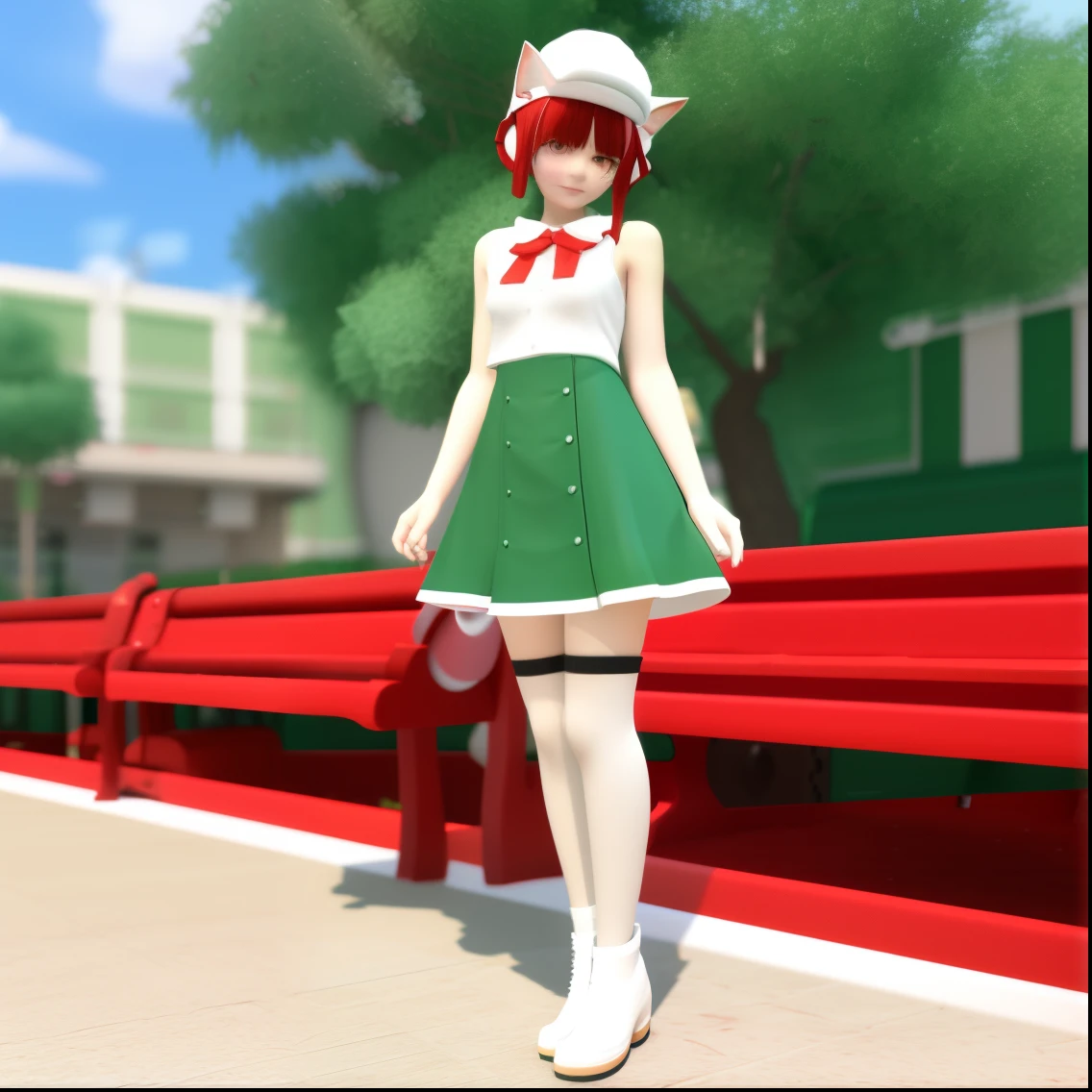 Realistic girl in a green dress and white hat standing in front of a red bench, styled 3d, realistic 3 d style, catgirl, white cat girl, nekomimi, vrchat, girl with cat ears, model, cute catgirl, white ( cat ) girl, full body model