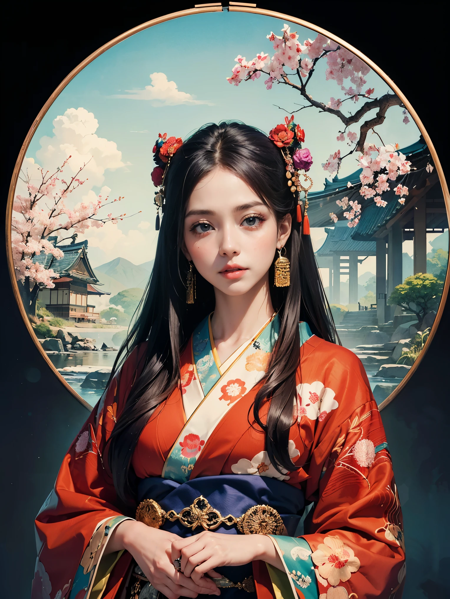 (masterpiece, highest quality, highest quality, official art, beautiful and aesthetic:1.2), (1 girl),elaborate costumes(luxurious japanese kimono(colorfulな着物(fine embroidery))), very detailed,(fractal art),colorful,most detailed,Mandala in the background