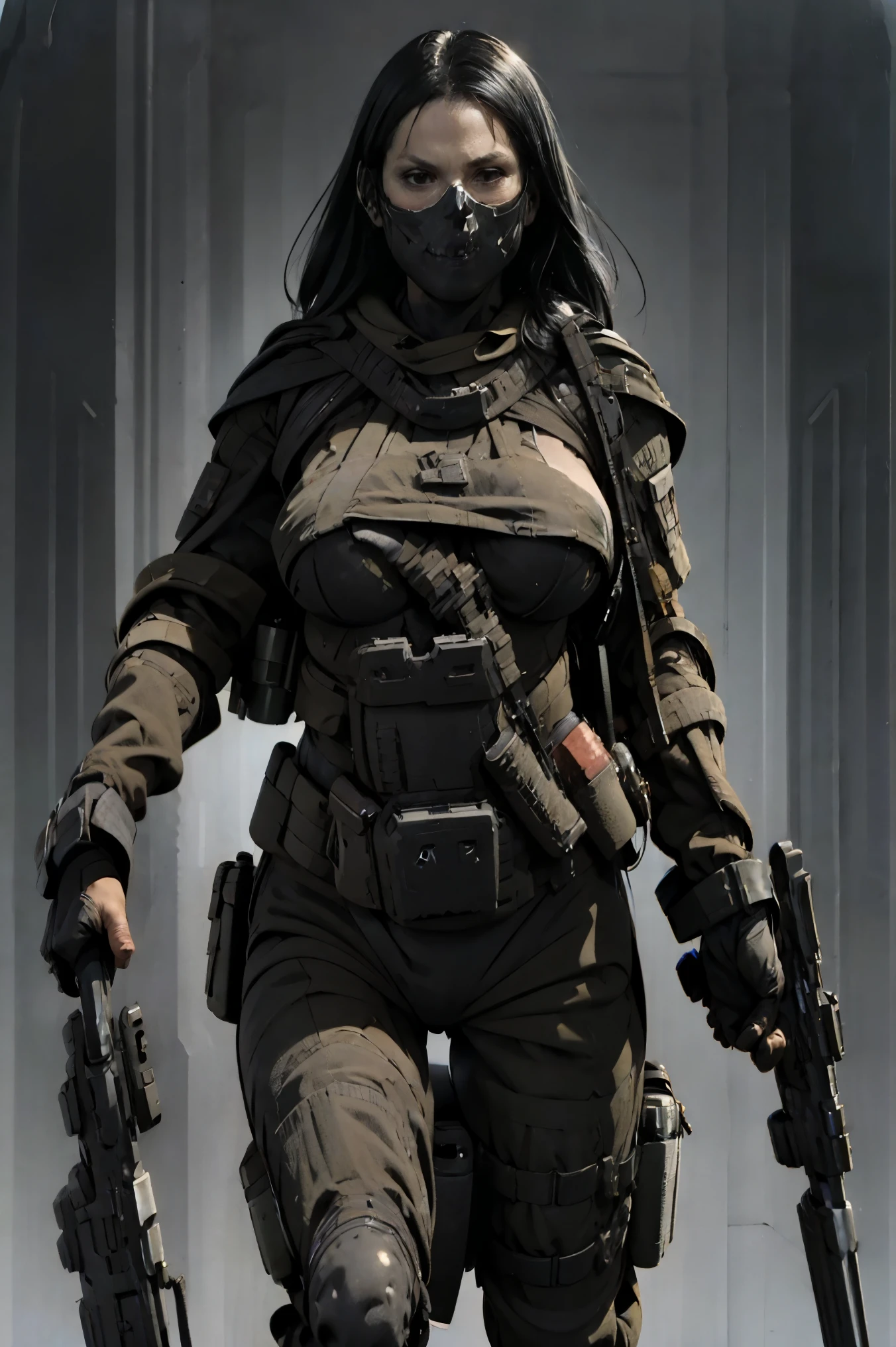 Beautiful woman,black skeleton mask(on mouth and ears),black military suit,full body view,sexy body,beautiful natural breasts,holding a gun,masterpiece,high-quality,best quality,detailed suite,long black hair 