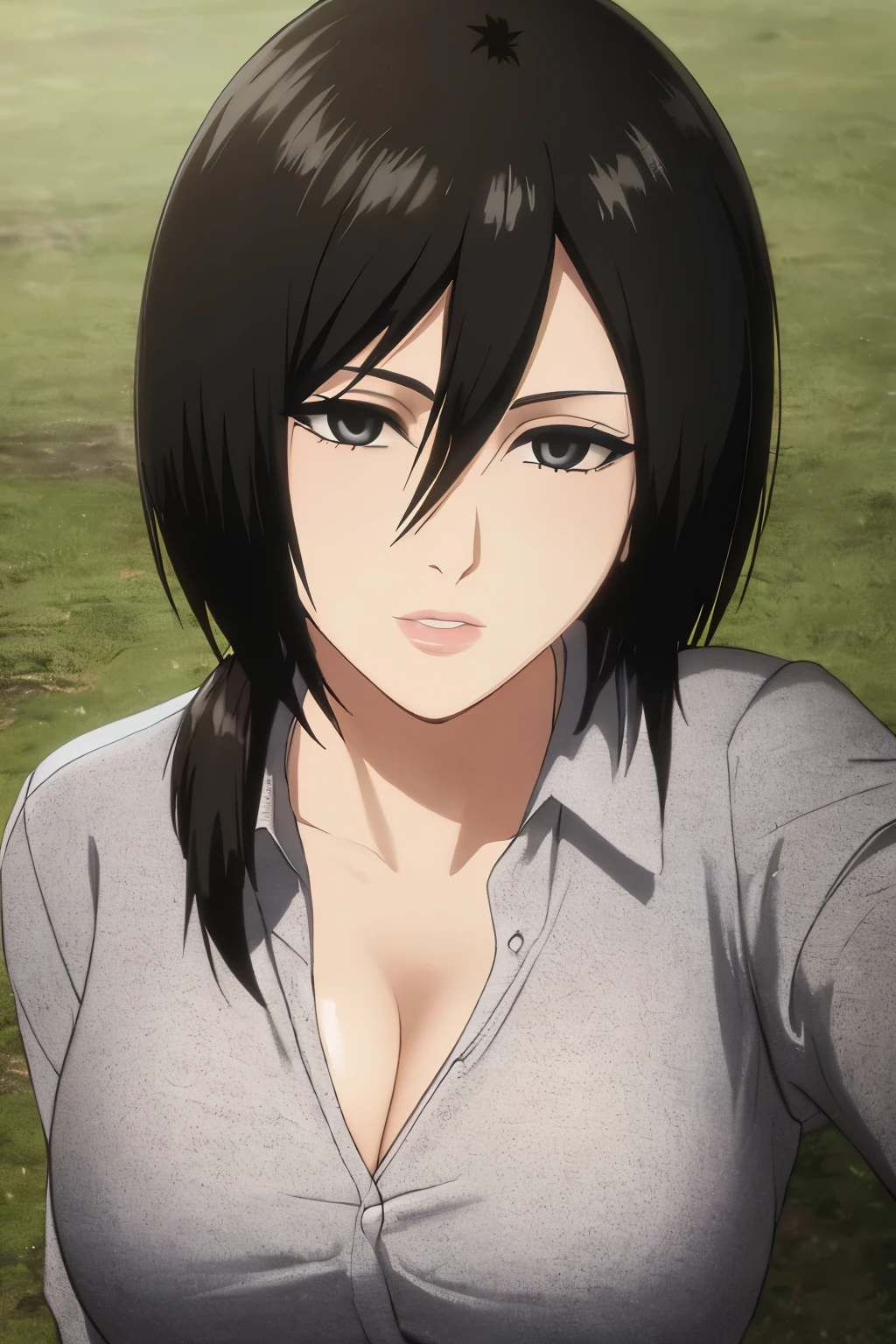 1girl, mikasa ackerman, (black hair:1.3), hair between eyes, short hair, sideburns, gray eyes, lips, cleavage, big breasts, close up, solo, lips, masterpiece, best quality,