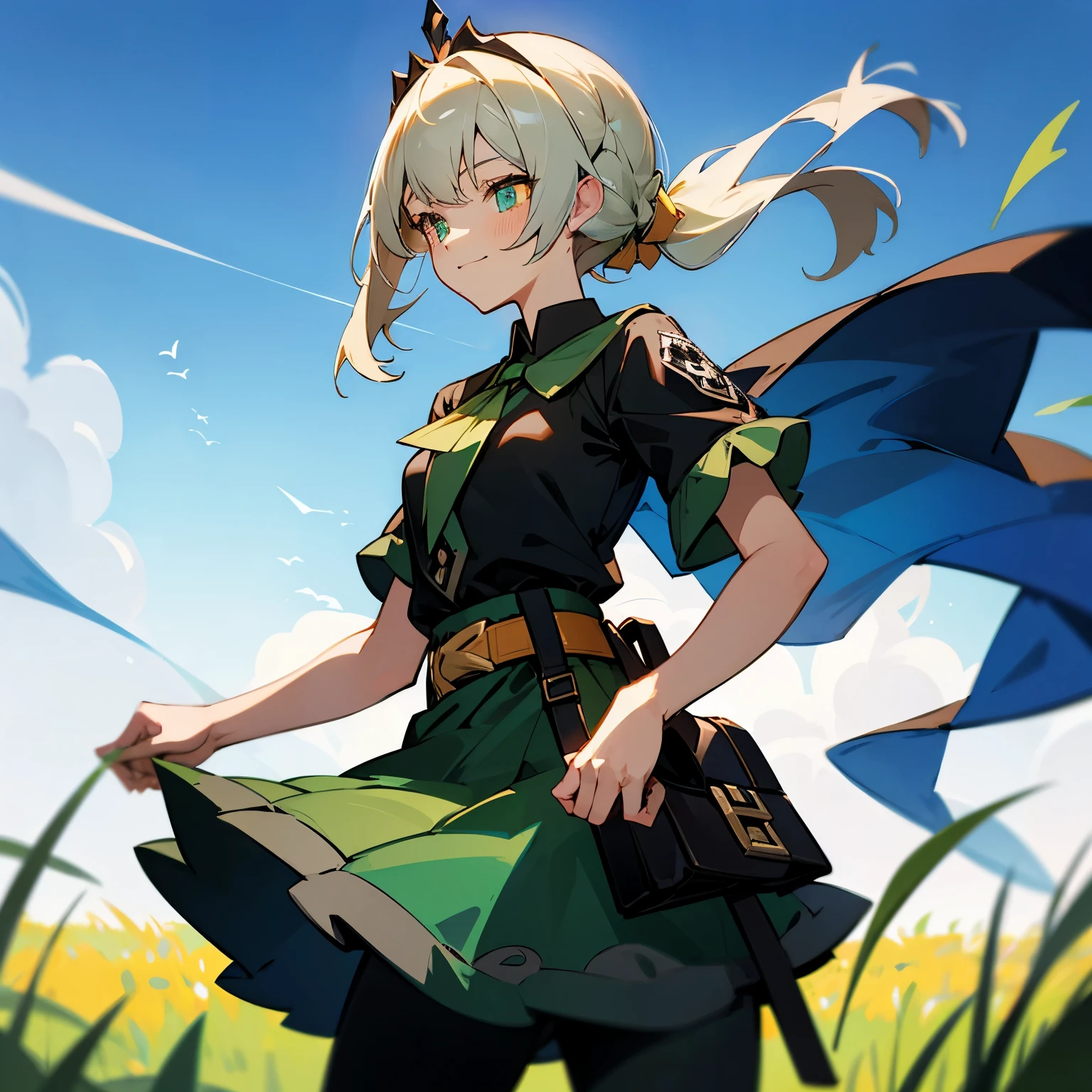 avatar,medium length hair, green shirt,green jacket, young female, hazel eyes, moon, blonde hair, rock terrain, grass background, gloves
