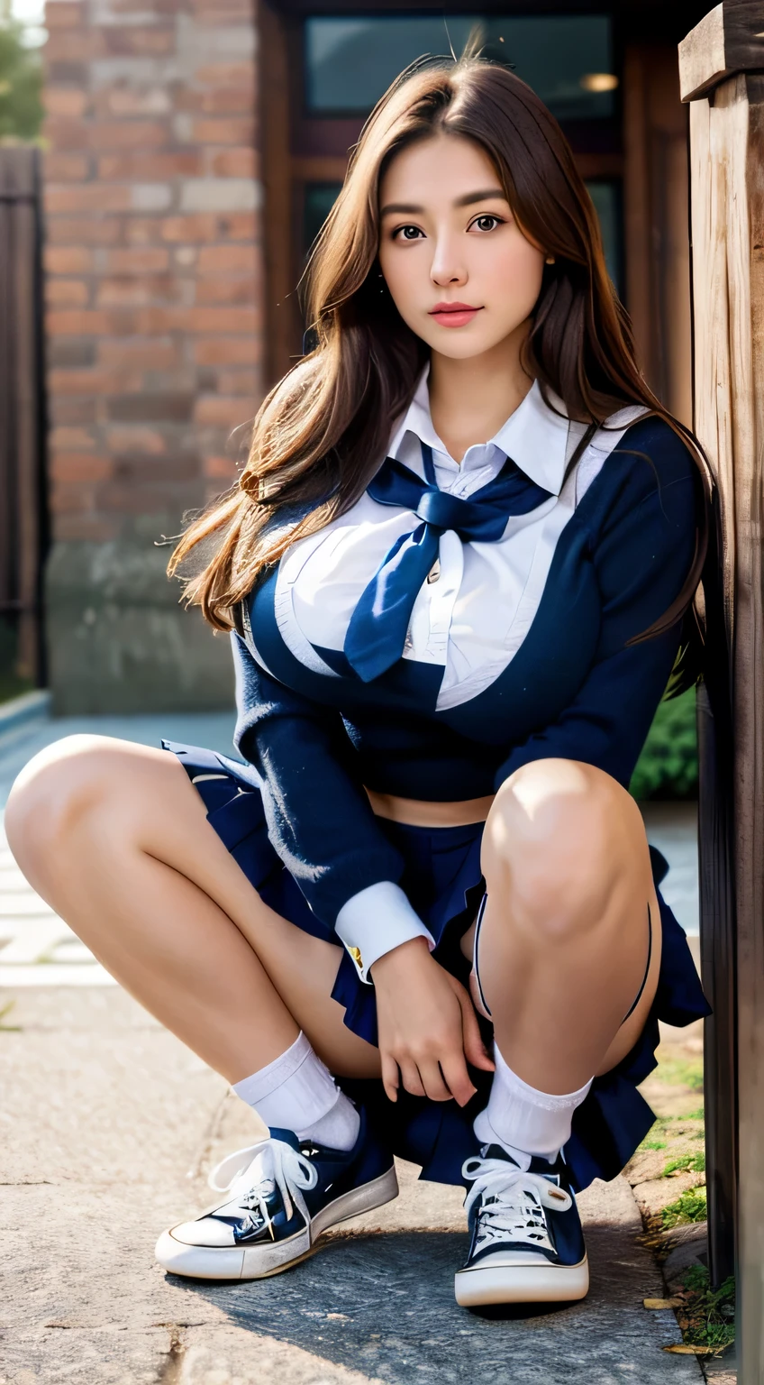 (very cute girl), (raw photo:1.2), (photorealistic:1.4), very detailed eyes and face, beautiful detailed eyes, super detailed, high resolution, very detailed, masterpiece,unified, 8k wallpaper, amazing, Fine details, masterpiece, best quality, 1girl, ((large breasts:1.4)), (underboob: 1.2),(gorgeous brown long hair), (((saggy breasts))),(((school uniform with very short skirt,)))), converse shoes with long socks until below of knees, ashamed, open leg, panty