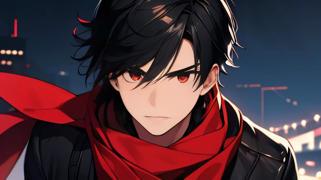 a male with a black hair and black and red outfit and in a black and red background, (1male:0.872), (black hair:0.758), (blurry:0.926), (blurry background:0.703), (red eyes:0.562), (depth of field:0.625), (short hair:0.855), (outdoors:0.541), (red scarf:0.989), (night:0.925), (solo:0.886), (upper body:0.683)