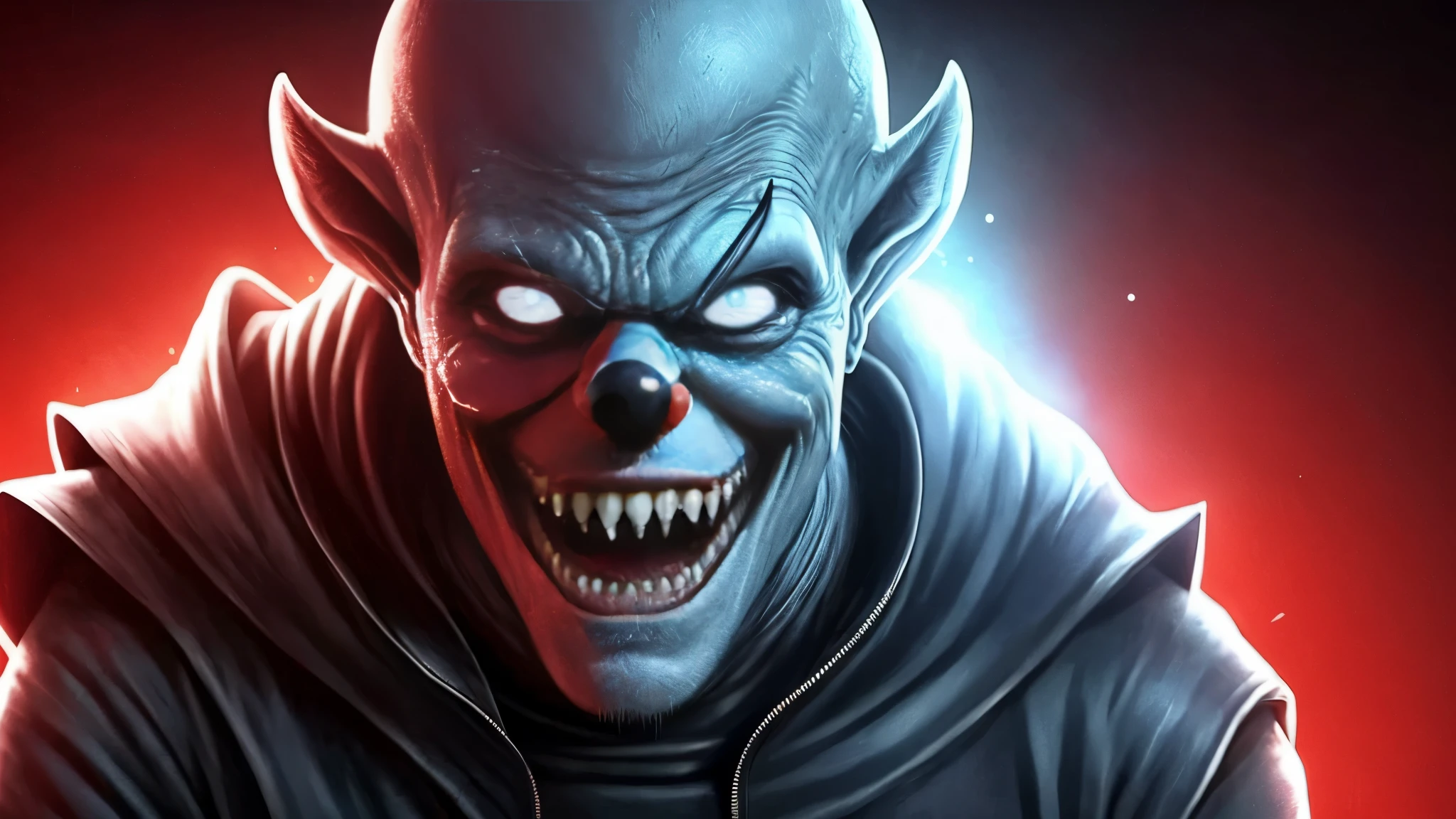 There is a photo of a man wearing a clown hat., blue skin elf, Blueface Unreal Engine, evil smile and glowing eyes, Awesome color art in 4K, Best Jump Scare Scenes, Very scary, glowing eyes and mouth, red eyes shine, his eyes are red and shining, blue shining face, completely red eyes、No pupil、image alien、disgusting horror images, unknown creature、evil smile and glowing eyes, Awesome color art in 4K, Best Jump Scare Scenes, Very scary, eyes and mouth like black holes、No pupil、split mouth、squishy body 16:9 size