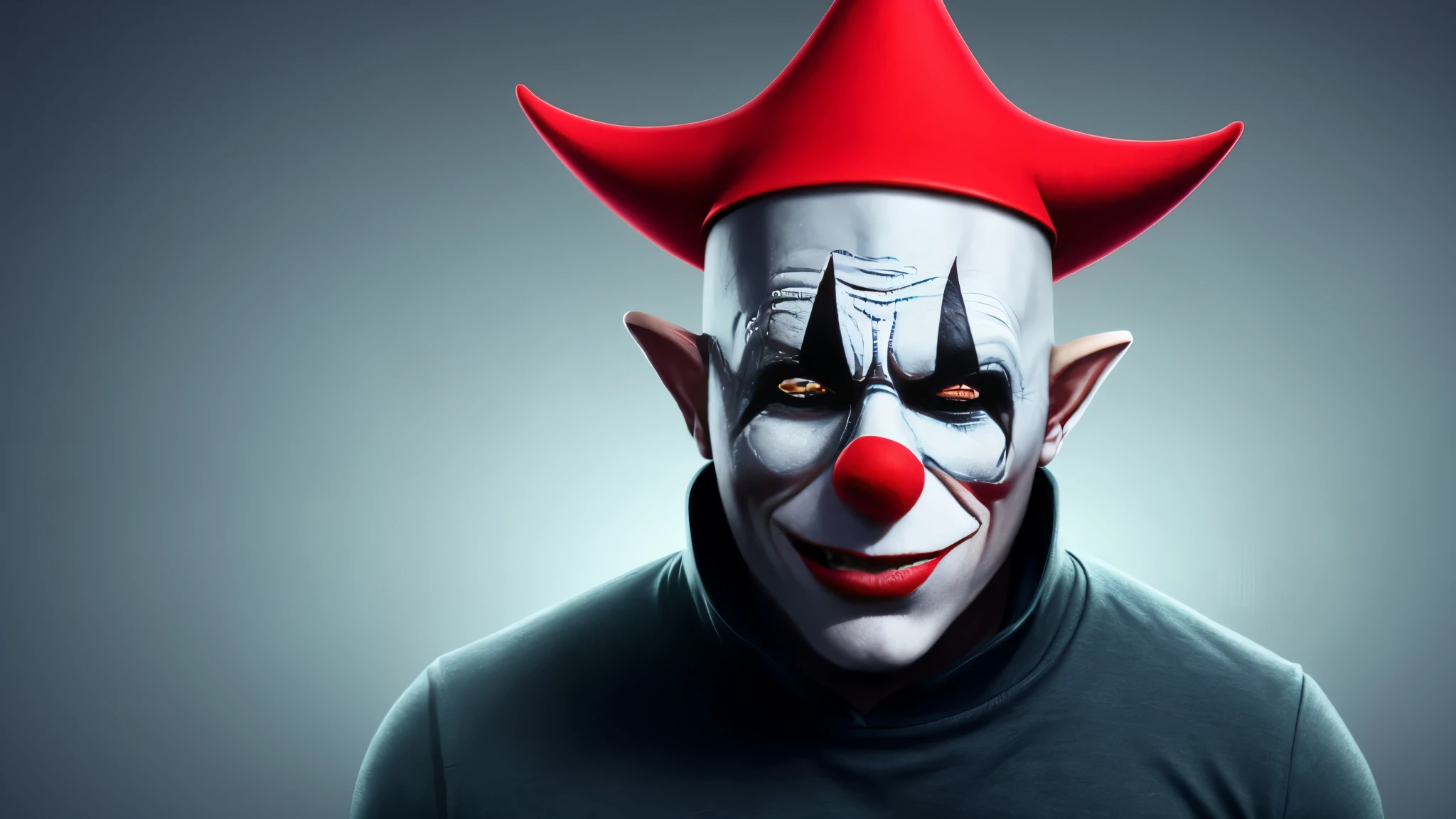 There is a photo of a man wearing a clown hat., blue skin elf, Blueface Unreal Engine, evil smile and glowing eyes, Awesome color art in 4K, Best Jump Scare Scenes, Very scary, glowing eyes and mouth, red eyes shine, his eyes are red and shining, blue shining face, completely red eyes、No pupil