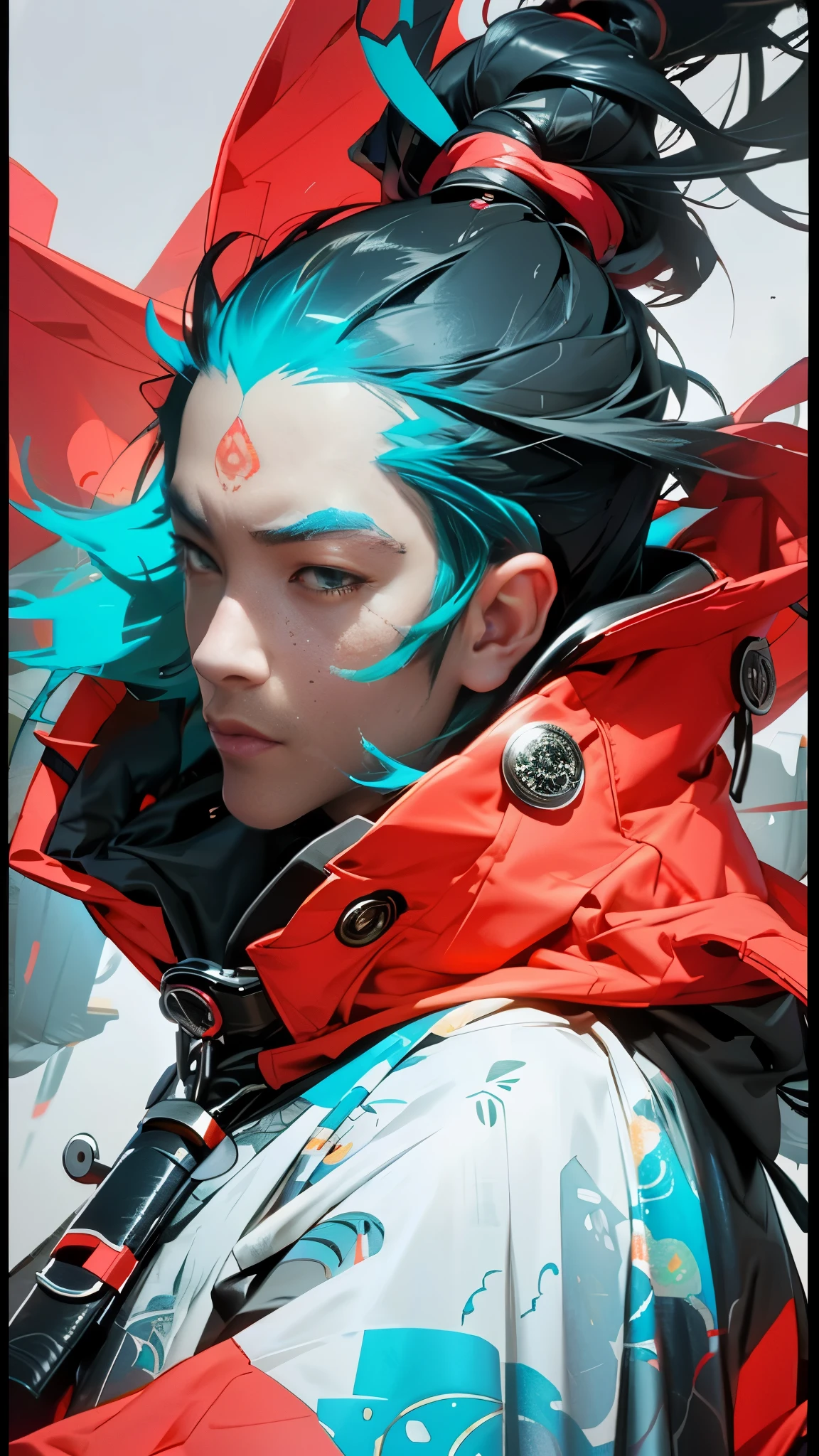 wuxia,1 rapper with tattoos,terrible hair,down jacket,super colorful,Glow coloring,illustration