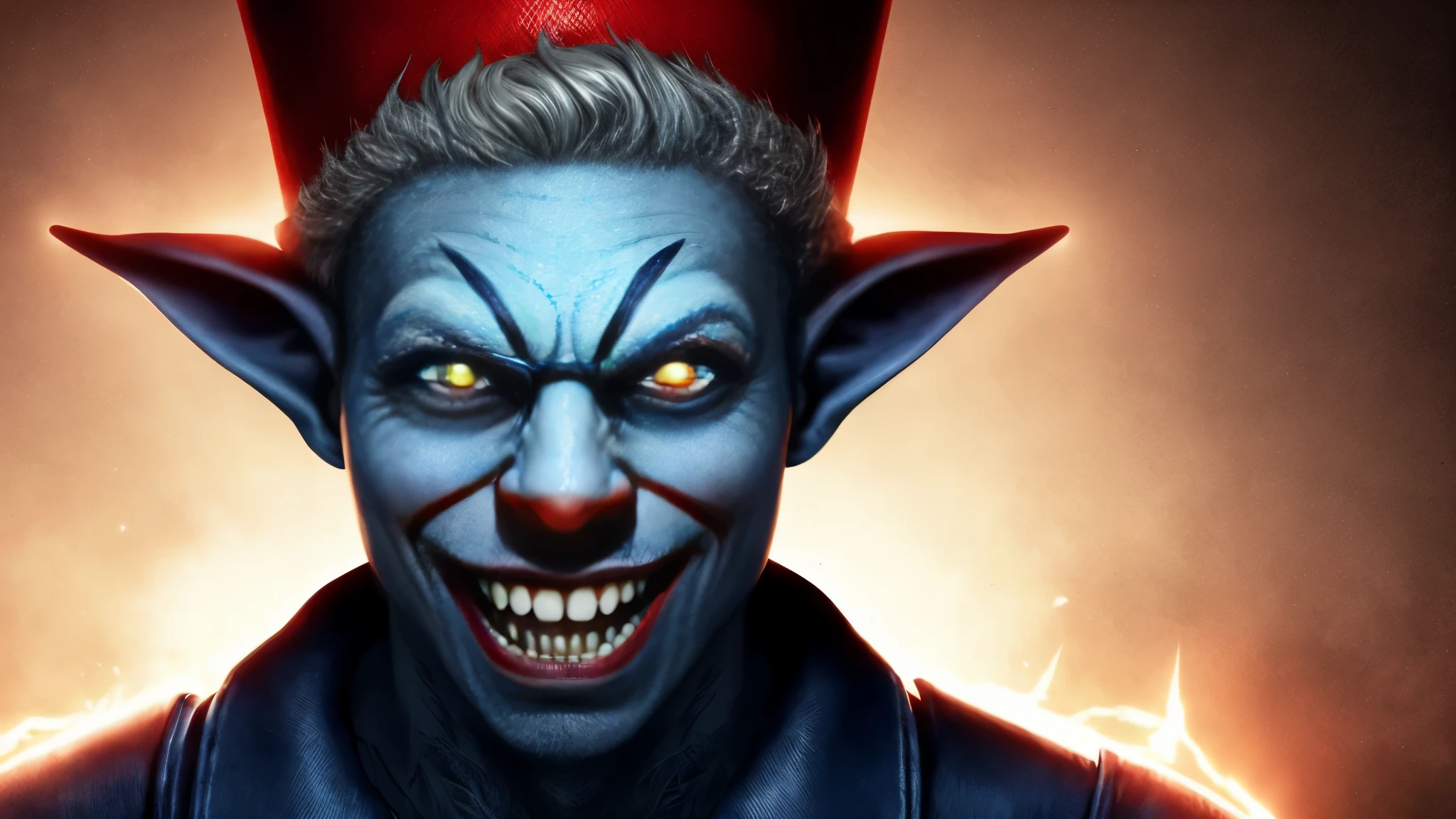There is a photo of a man wearing a clown hat., blue skin elf, Blueface Unreal Engine, evil smile and glowing eyes, Awesome color art in 4K, Best Jump Scare Scenes, Very scary, glowing eyes and mouth, red eyes shine, his eyes are red and shining, blue shining face, completely red eyes、No pupil