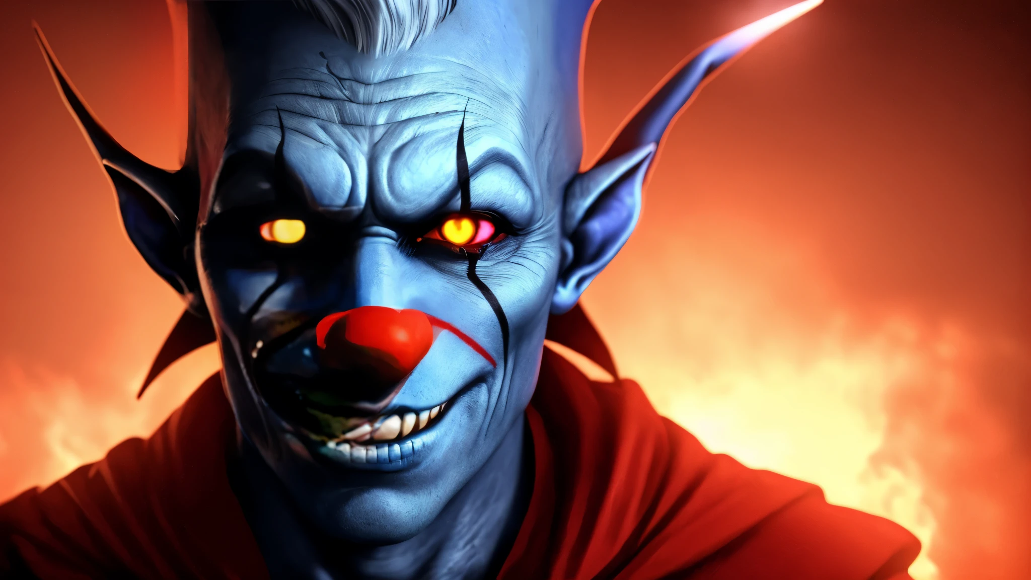 There is a photo of a man wearing a clown hat., blue skin elf, Blueface Unreal Engine, evil smile and glowing eyes, Awesome color art in 4K, Best Jump Scare Scenes, Very scary, glowing eyes and mouth, red eyes shine, his eyes are red and shining, blue shining face, completely red eyes、No pupil、image alien、disgusting horror images, unknown creature、evil smile and glowing eyes, Awesome color art in 4K, Best Jump Scare Scenes, Very scary, eyes and mouth like black holes、No pupil、split mouth、squishy body 16:9 size